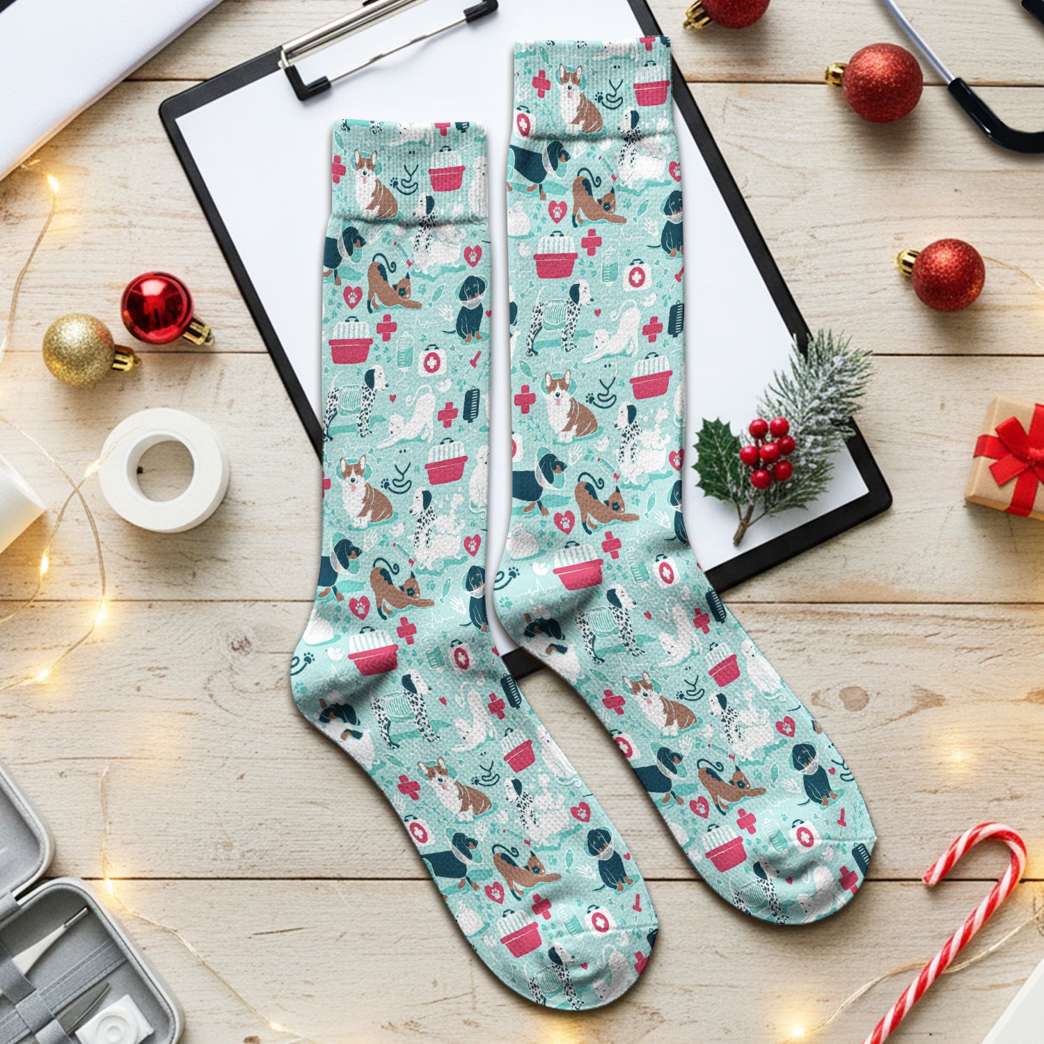 Dogs With Veterinary Tools And Paw Print Socks, Breathable Fabrics Medical Uniform