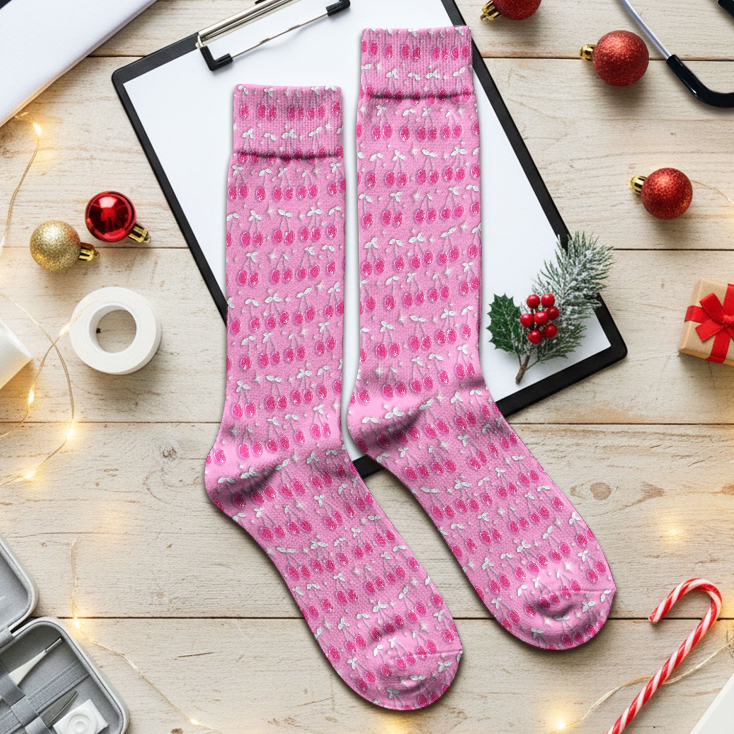 Pink Cherry Sparkle Print Socks, Adult Socks for Men and Women