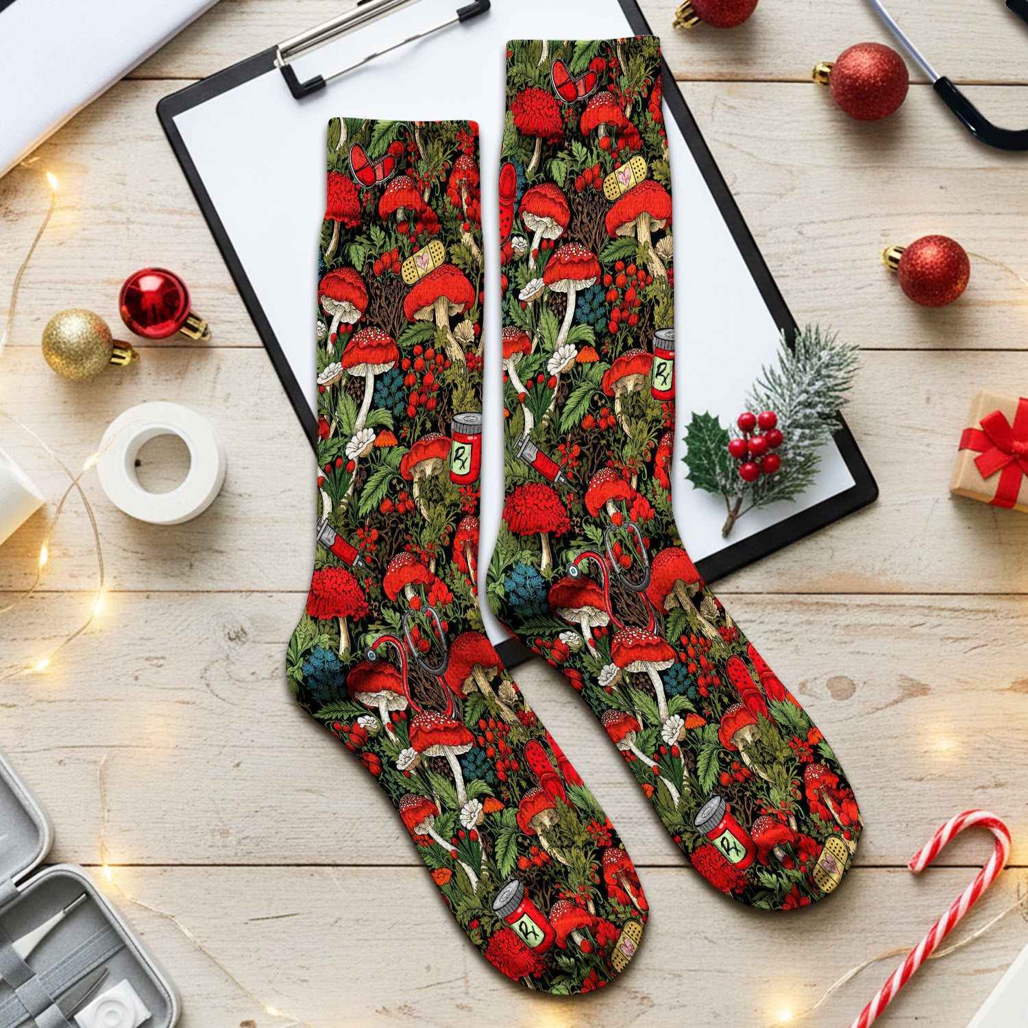 Red Mushroom Medical Forest Pattern Socks, Adult Socks for Men and Women