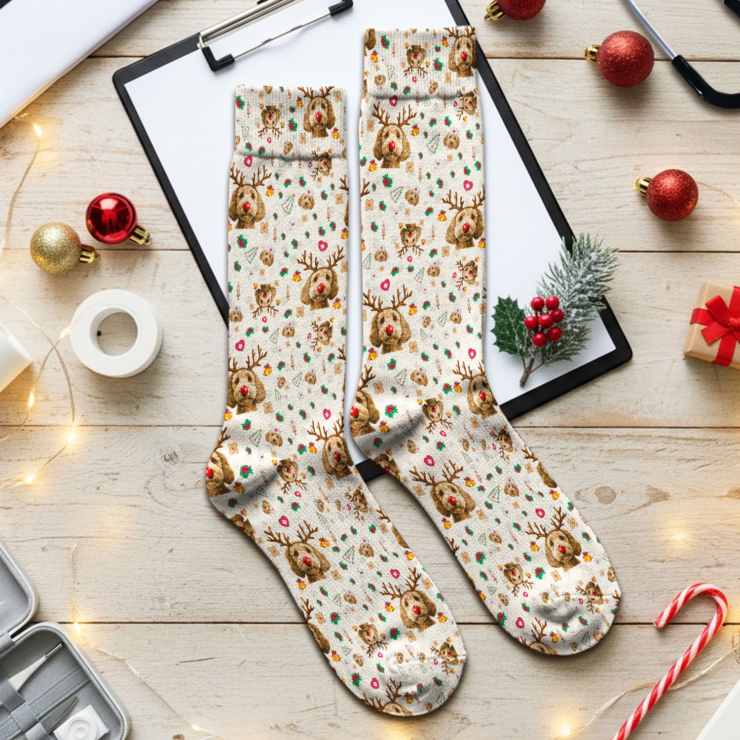 Christmas Labradoodle Socks for Nurse Doctor - Funny Reindeer Dog Adult Socks for Men and Women
