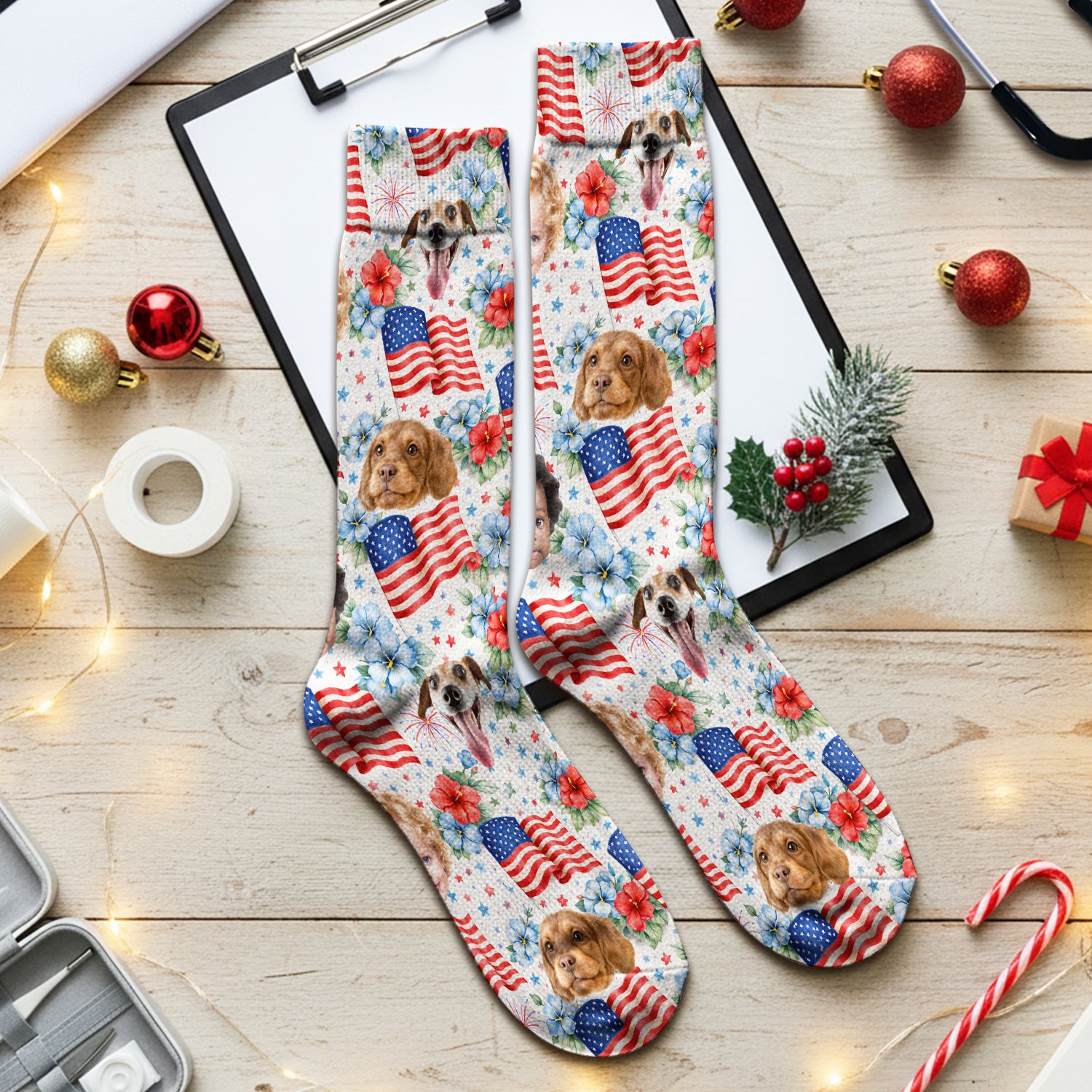 Custom Photo Patriotic Kids & Pet Faces Flag Nurse Socks, Adult Socks for Men and Women