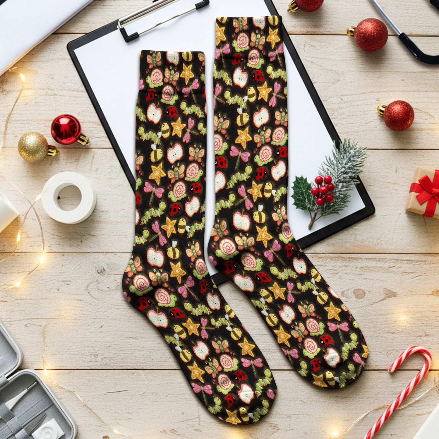 Cute Nurse Snail Ladybug Caterpillar Apple Garden Pattern Socks, Breathable Fabrics Medical Uniform