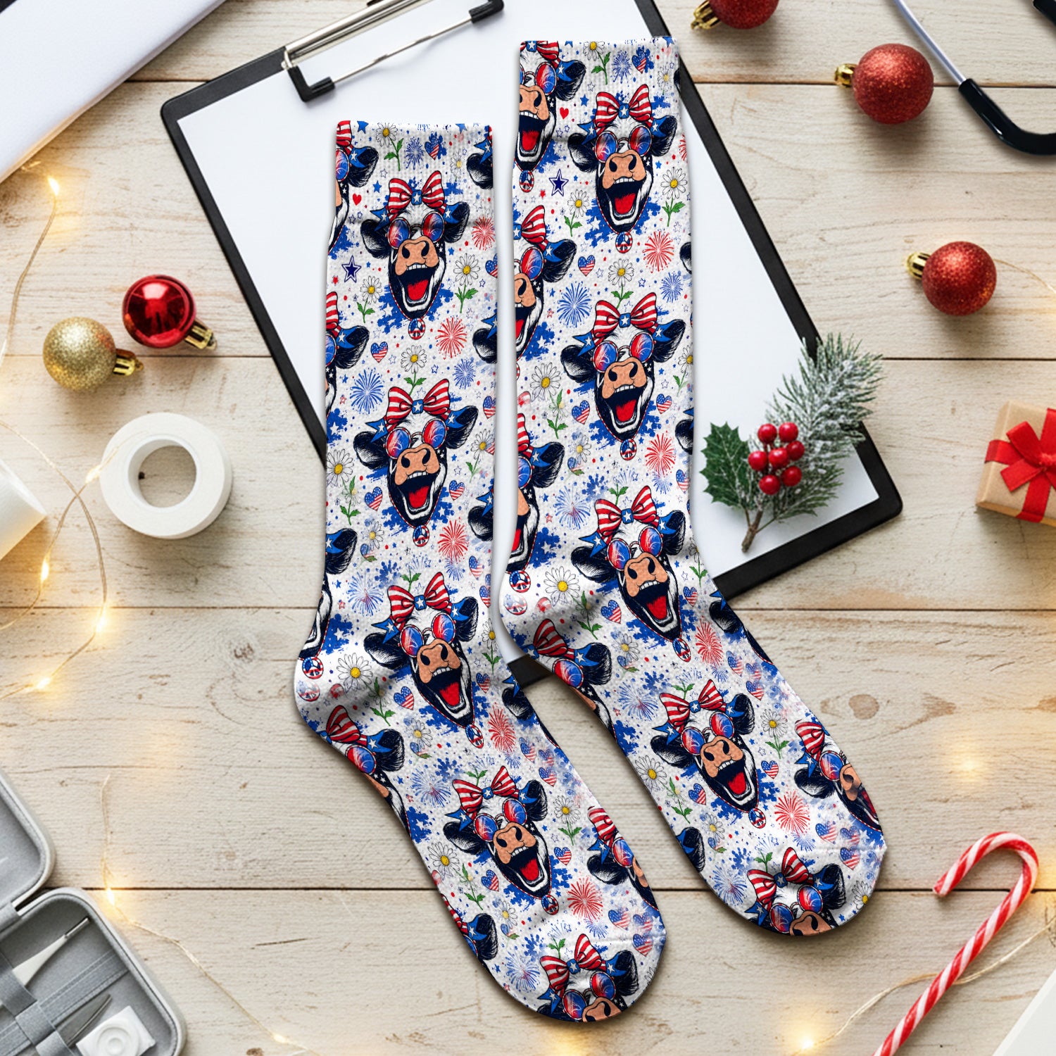 Funny Patriotic Cow Nurse Print Socks, Adult Socks for Men and Women