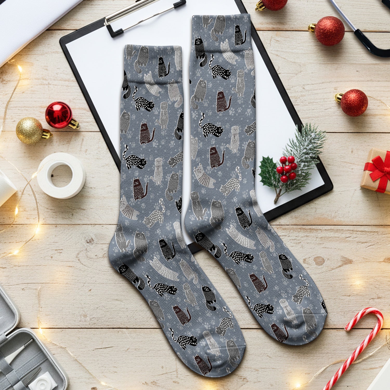 Cute Cat and Paw Print Pattern Socks, Breathable Fabrics Medical Uniform