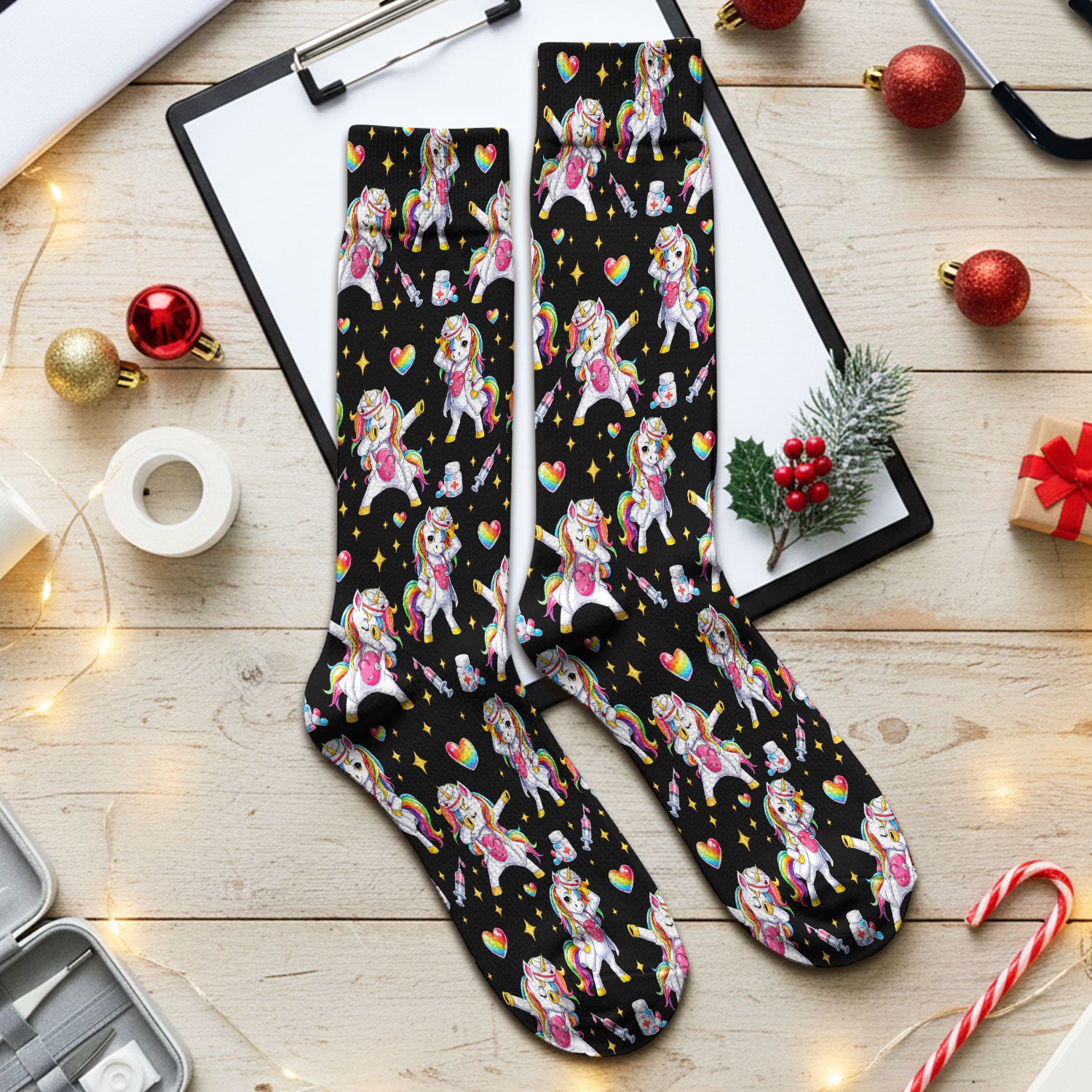 Playful Nurse Unicorn Rainbow Pattern Medical Socks, Socks for Nurse Doctor