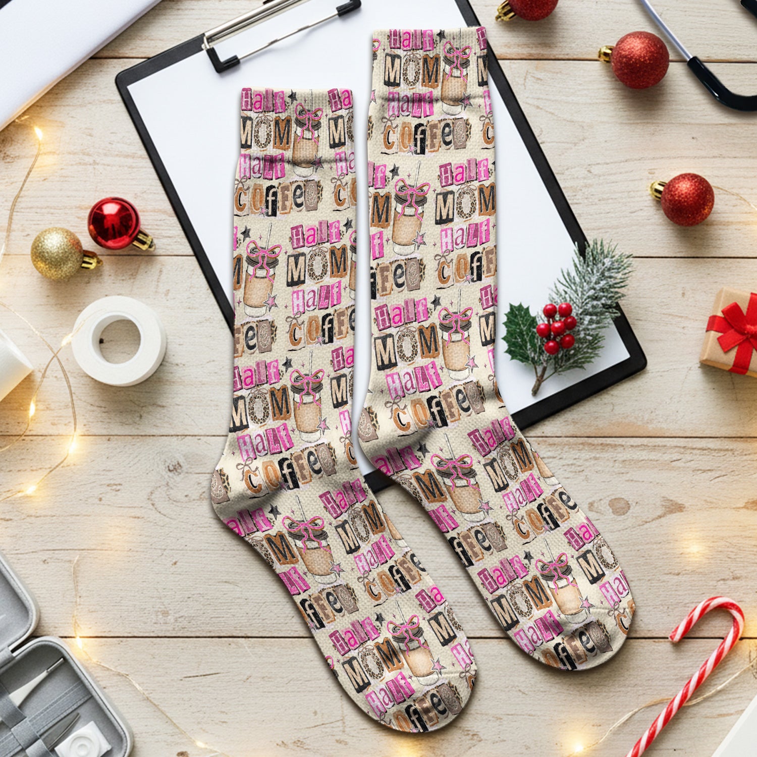 Half Mom Half Coffee Print Socks, Breathable Fabrics Medical Uniform