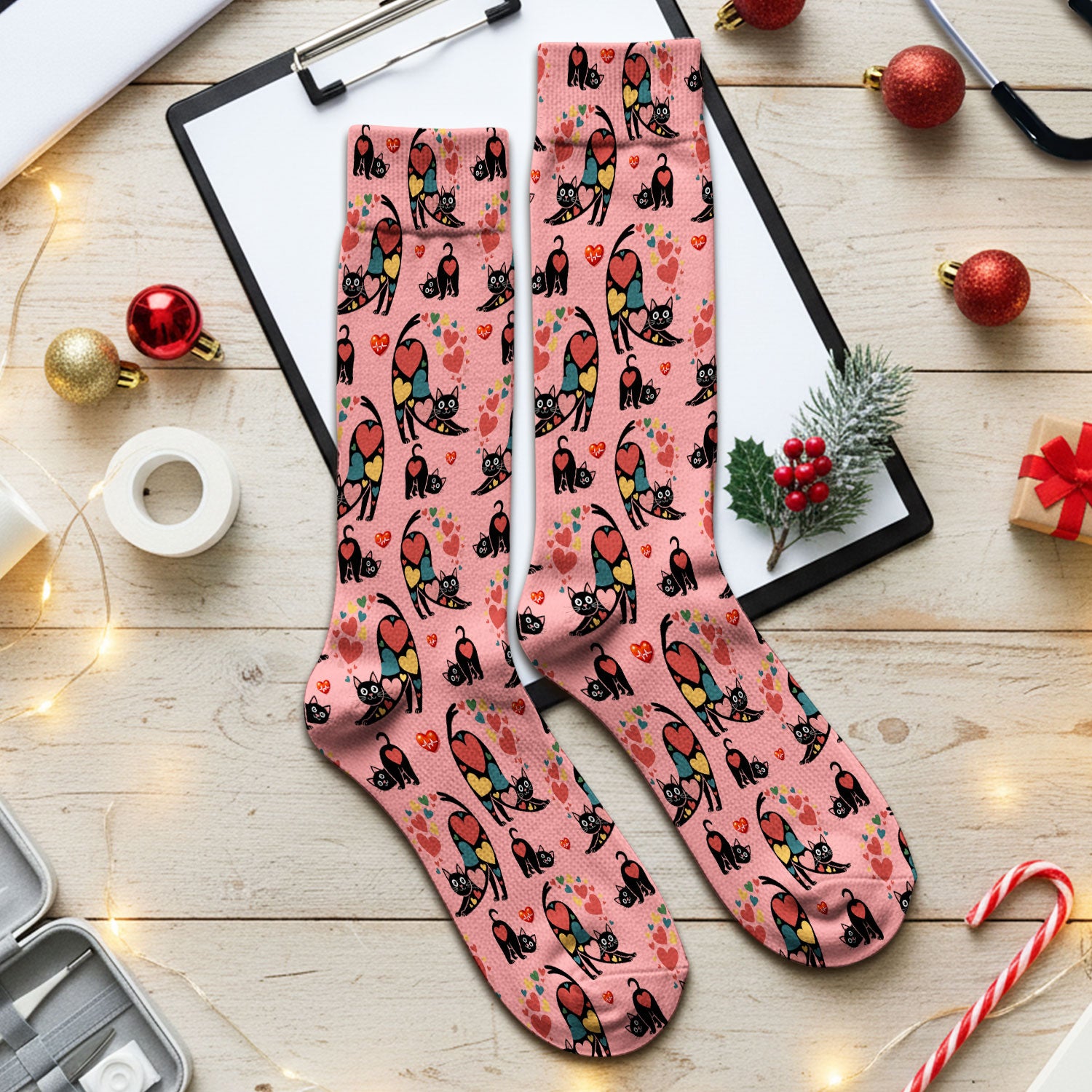 Playful Cat Valentine Heart Print Medical Socks, Socks for Nurse Doctor