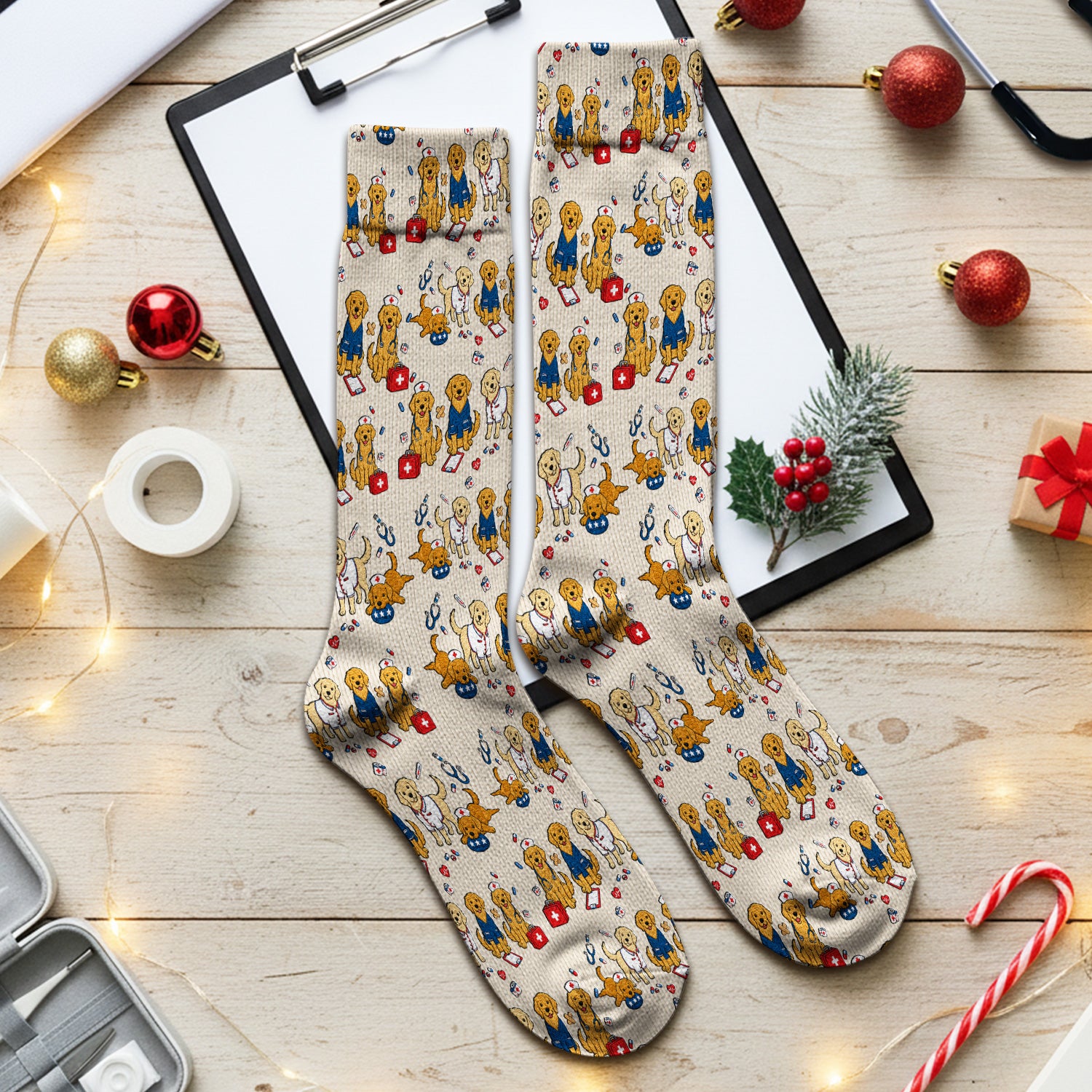 Golden Retriever Nurse Dog Pattern Scrub Top, Breathable Fabrics Nursing Uniform Socks, Adult Socks for Men and Women