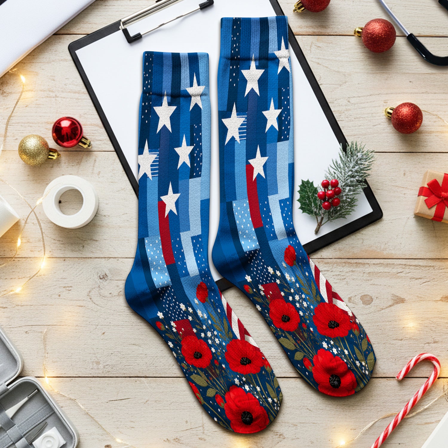 Patriotic Nurse Flag Poppy Pattern Socks, Adult Socks for Men and Women