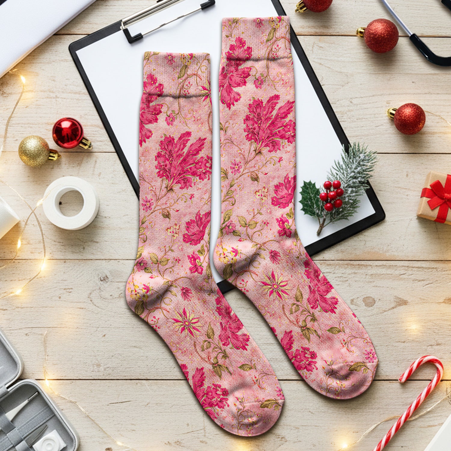 Elegant Pink Floral Vine Pattern Socks, Socks for Nurse Doctor