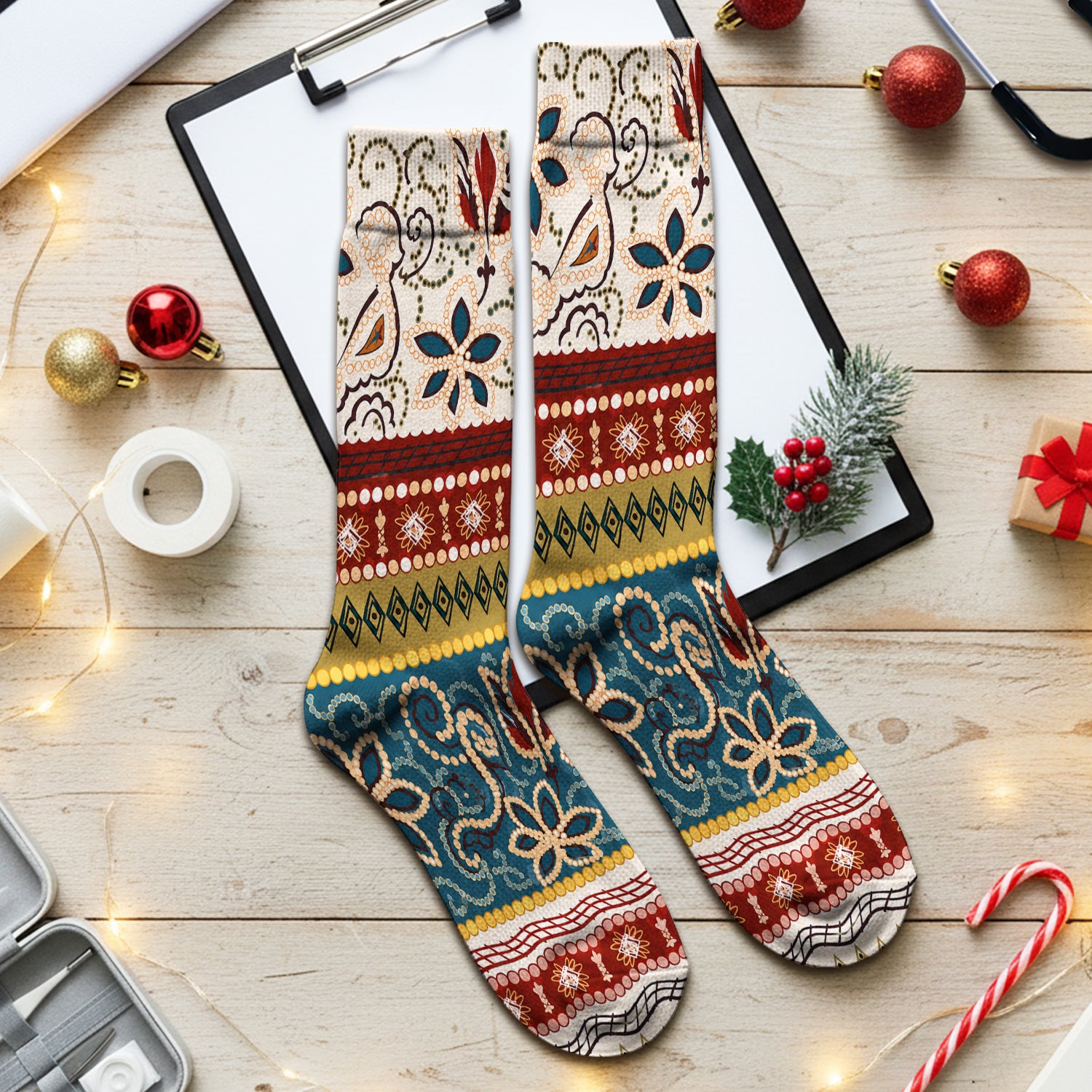 Boho Paisley Floral Stripe Pattern Socks, Adult Socks for Men and Women