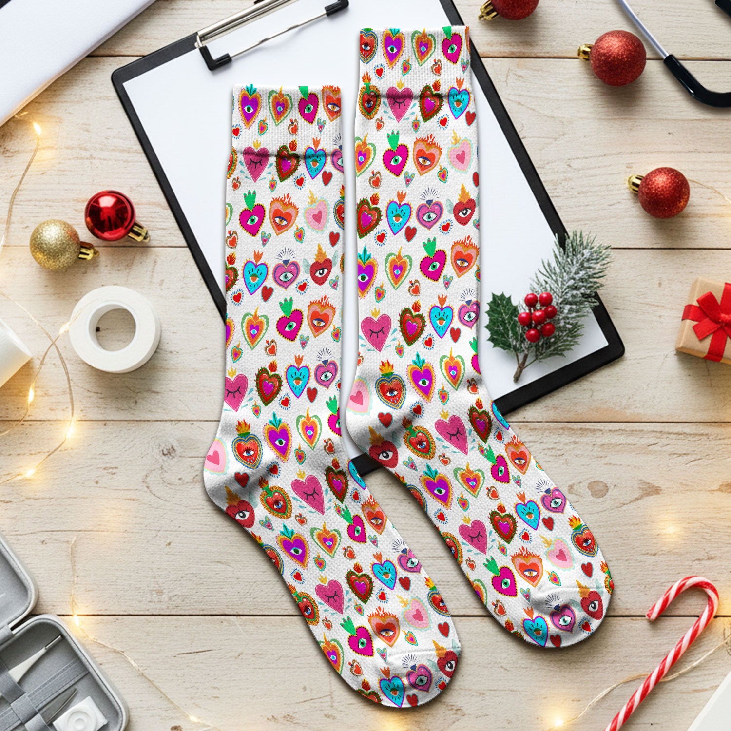 Valentine Colorful Sacred Heart Print Medical Socks, Breathable Fabrics Medical Uniform