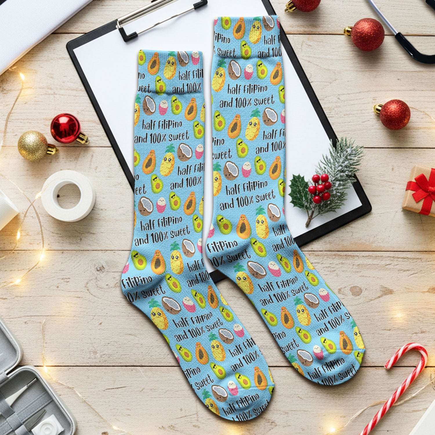 Playful Avocado Fruit Print Filipino Quote Socks, Adult Socks for Men and Women