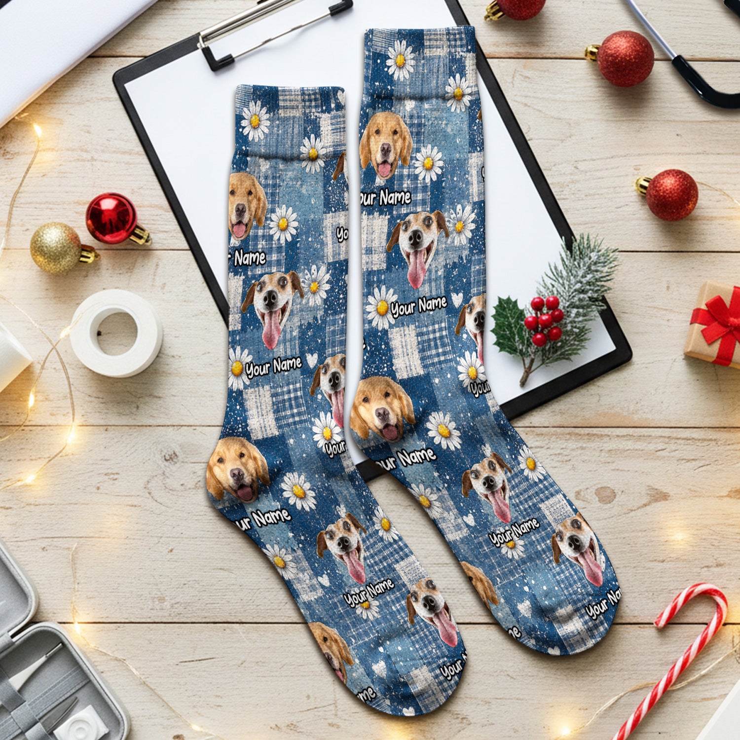 Personalized Cute Dog Portrait On Blue Patchwork Daisy Pattern Socks, Adult Socks for Men and Women