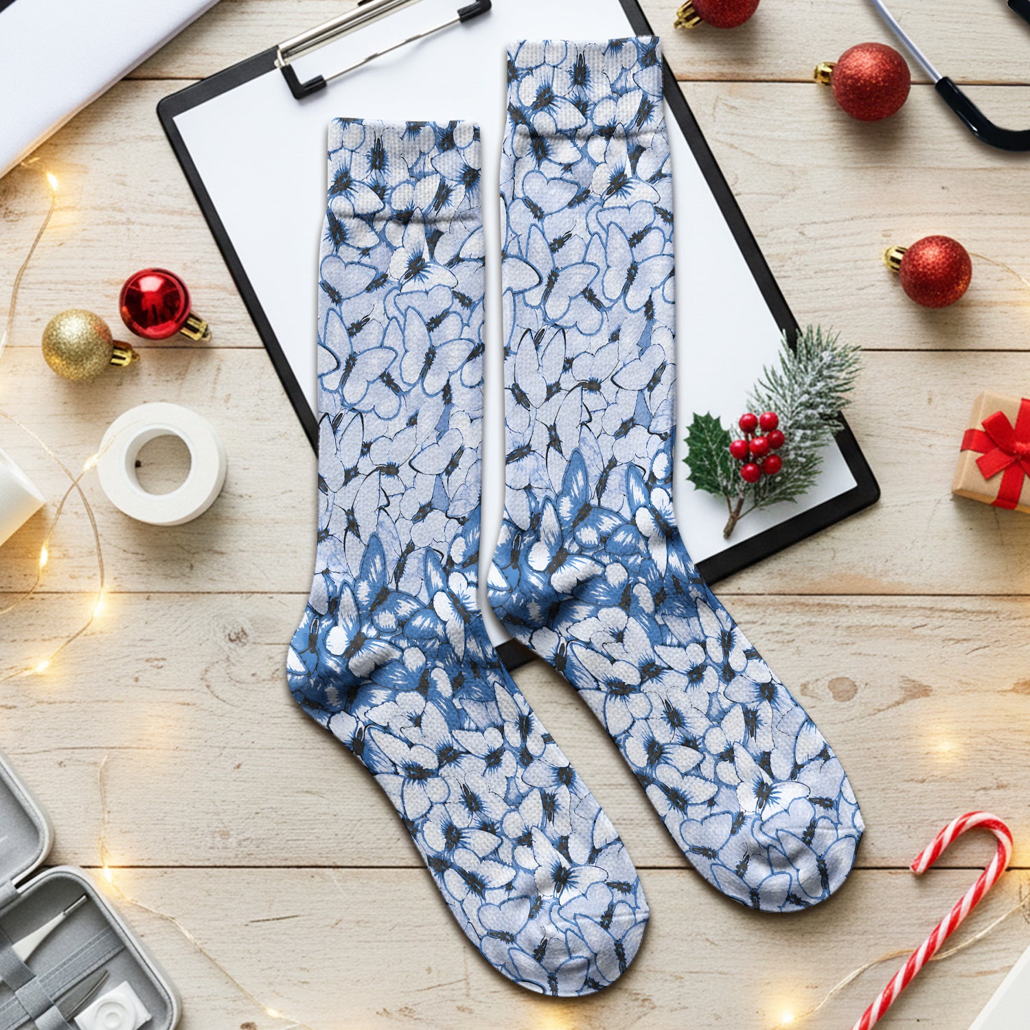 Blue Butterfly Floral Pattern Socks, Adult Socks for Men and Women
