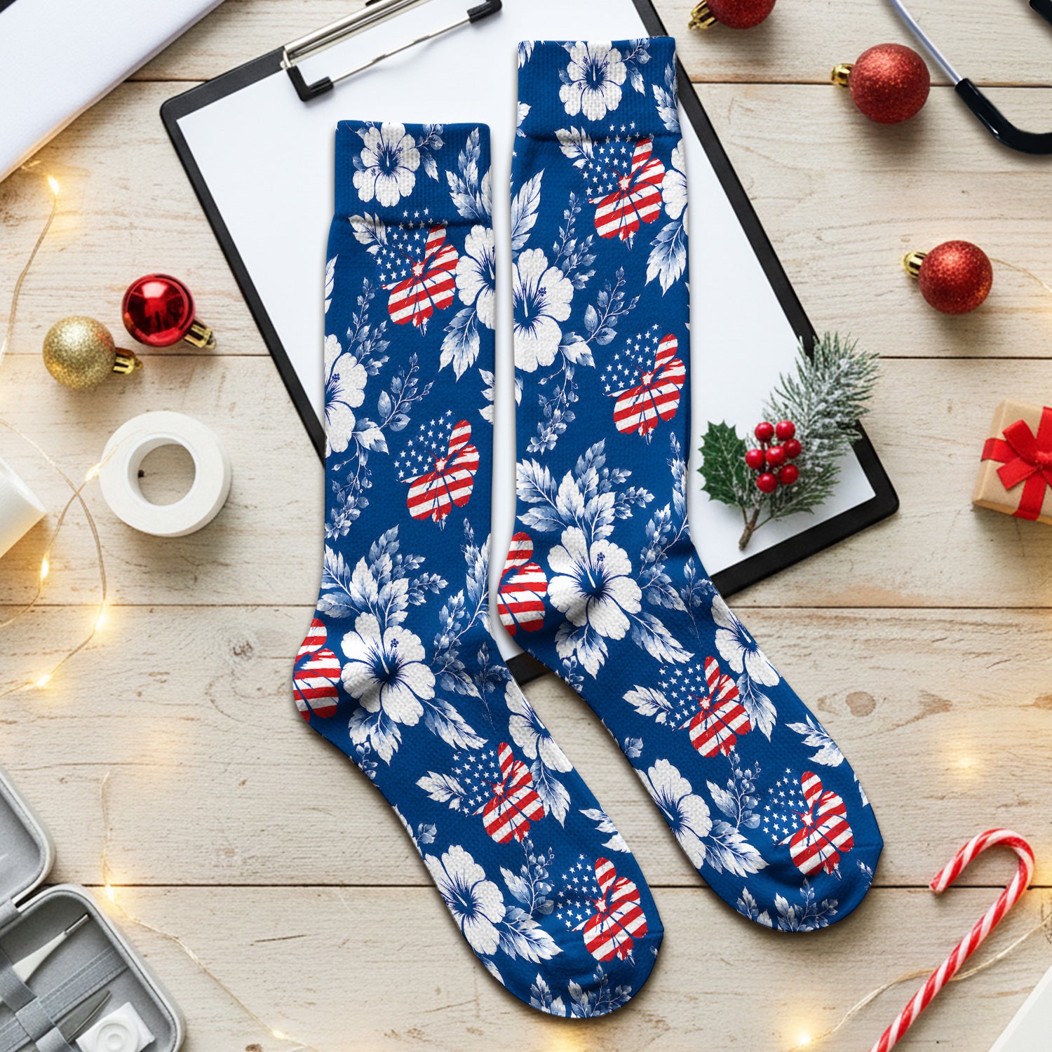 Patriotic Butterfly Floral Nurse for RN & CNA, American Flag Healthcare Workers Uniform Socks, Adult Socks for Men and Women