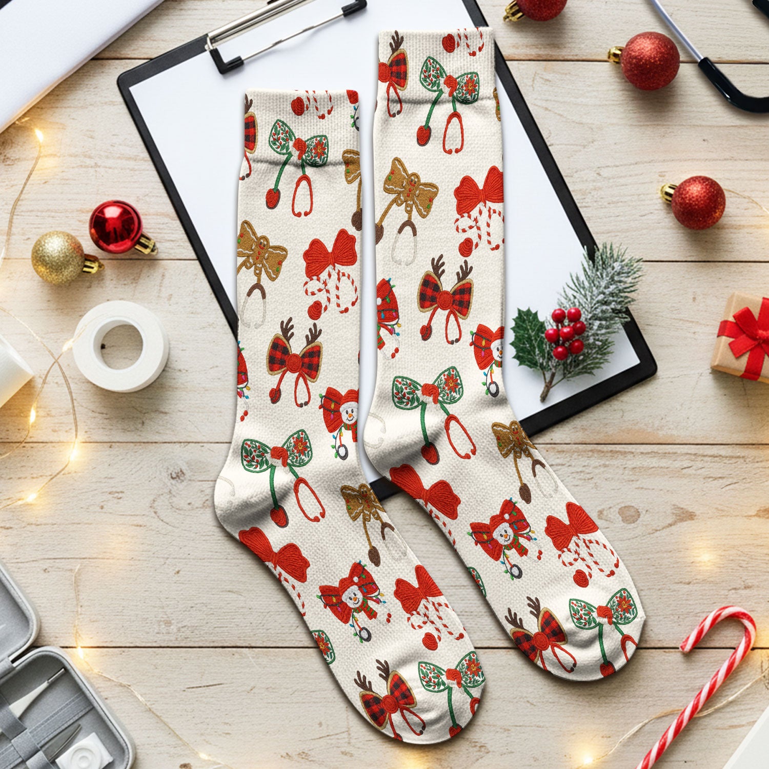 Christmas Stethoscope Bow Nurse Scrub Socks, Xmas Pattern Scrub Sock, Holiday Nursing Uniform