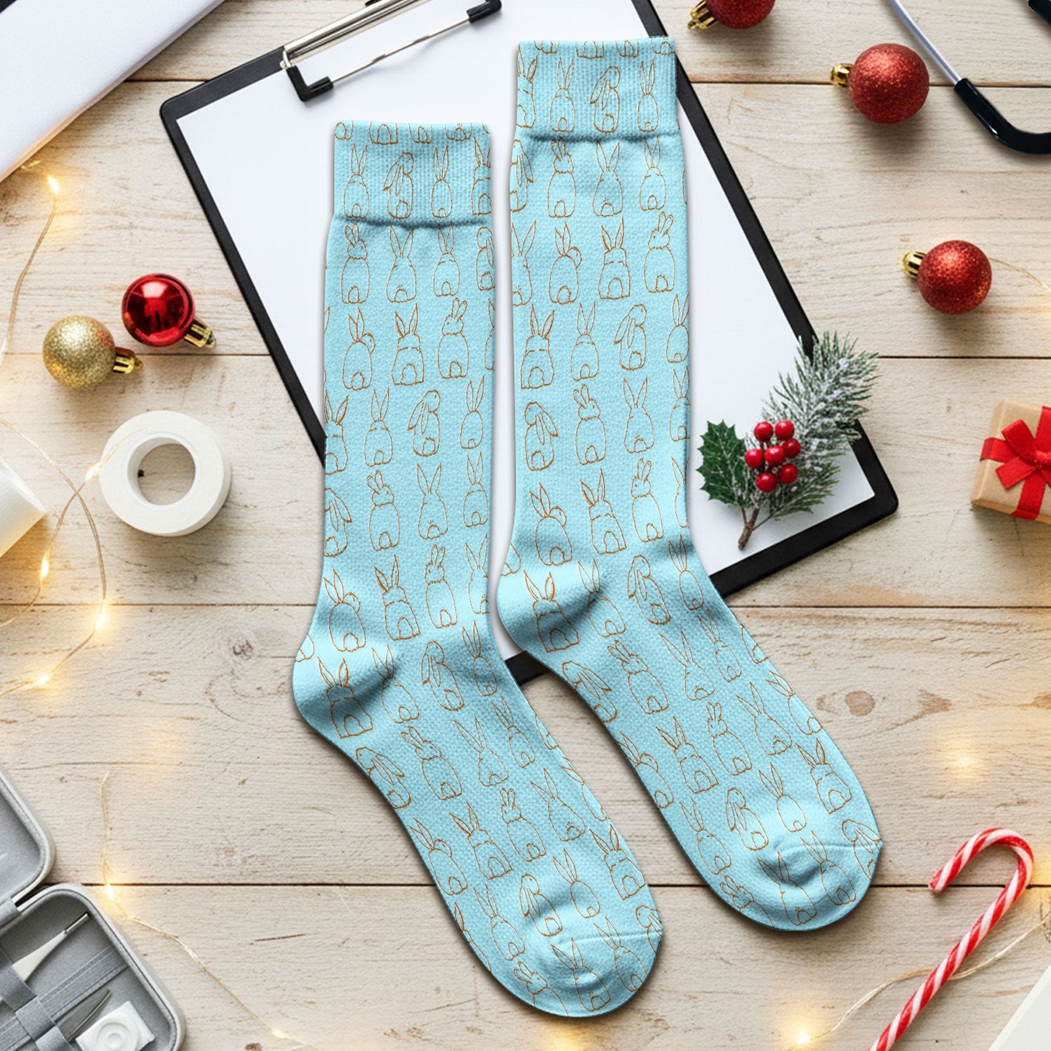 Cartoon Bunny Line Art Pattern Medical Socks, Breathable Fabrics Medical Uniform