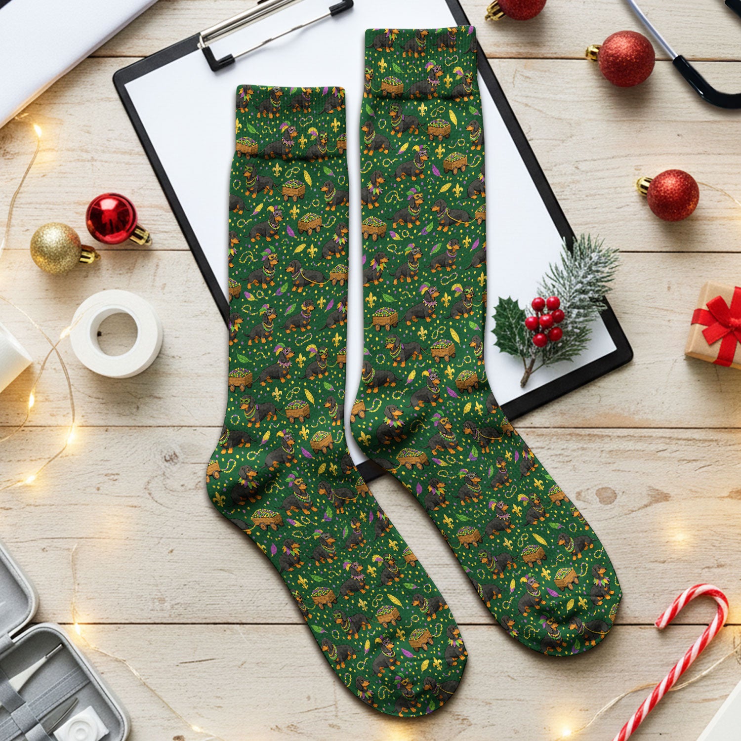 Funny Mardi Gras Dachshund Scrub Socks, Festival Wiener Dog Pattern Nurse Sock, Breathable Fabrics Nursing Uniform