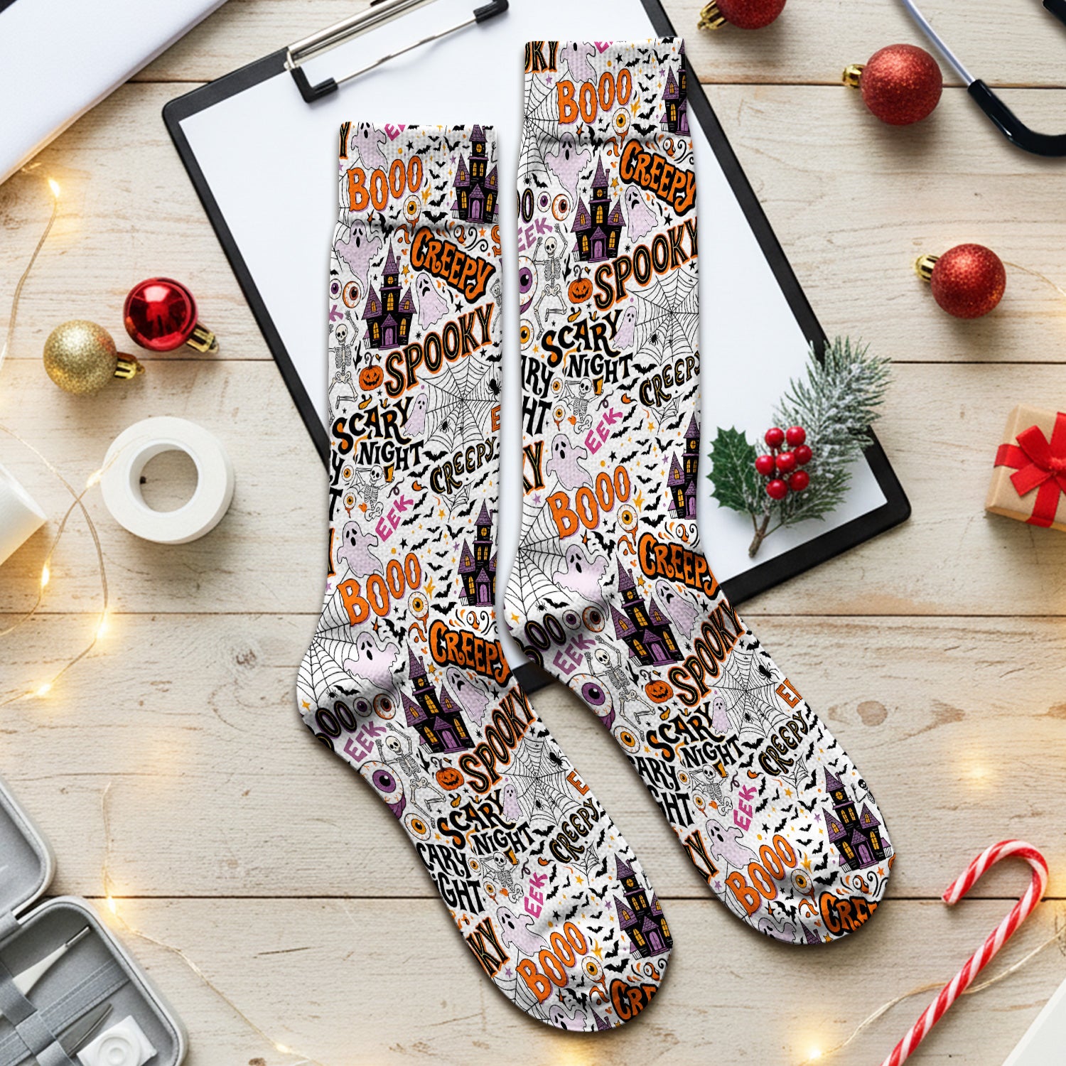 Spooky Halloween Haunted House Typography Socks, Adult Socks for Men and Women
