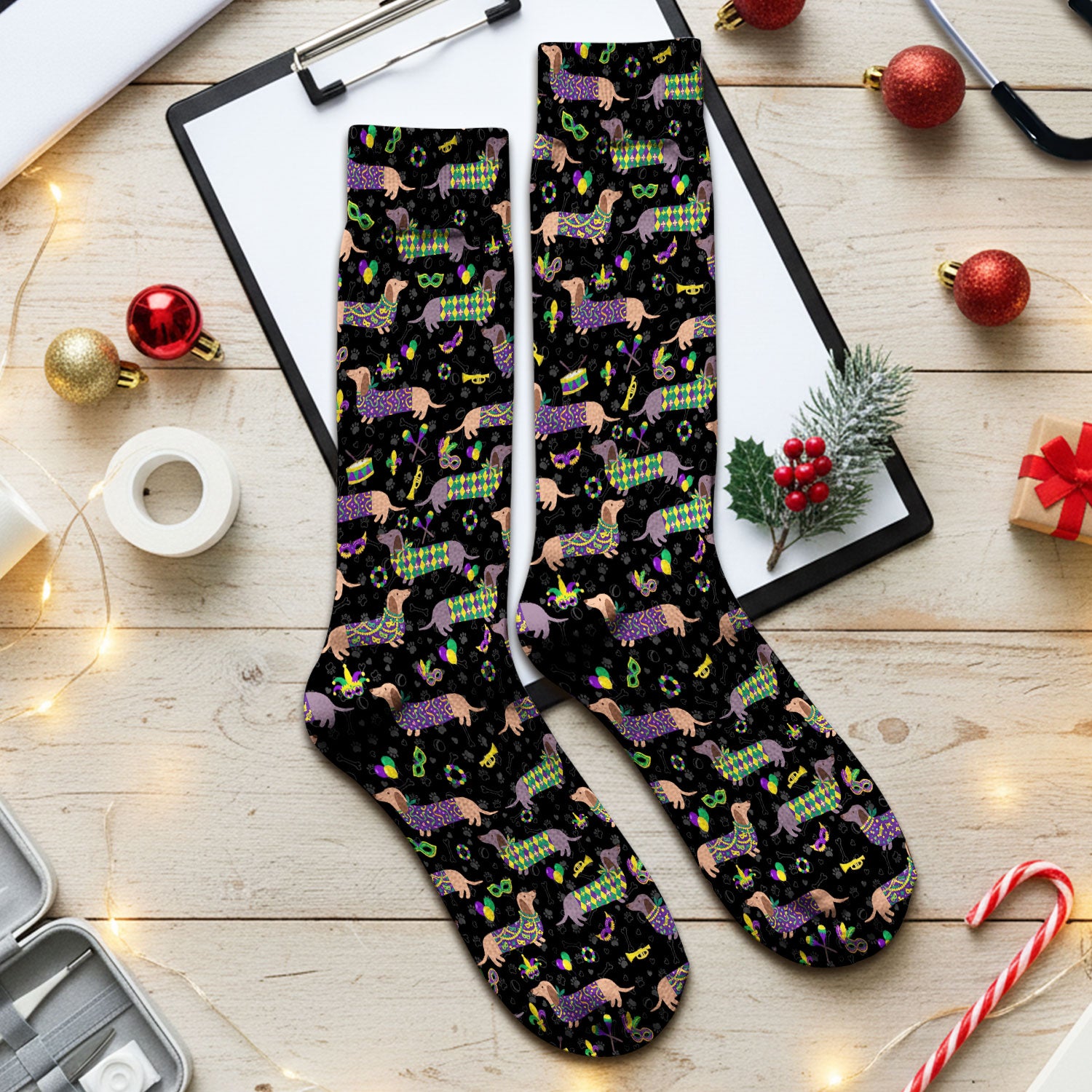 Mardi Gras Dachshund Nurse Scrub Socks, Wiener Dog Holiday Pattern Nurses Sock, Comfortable Uniform Scrubs For Nursing