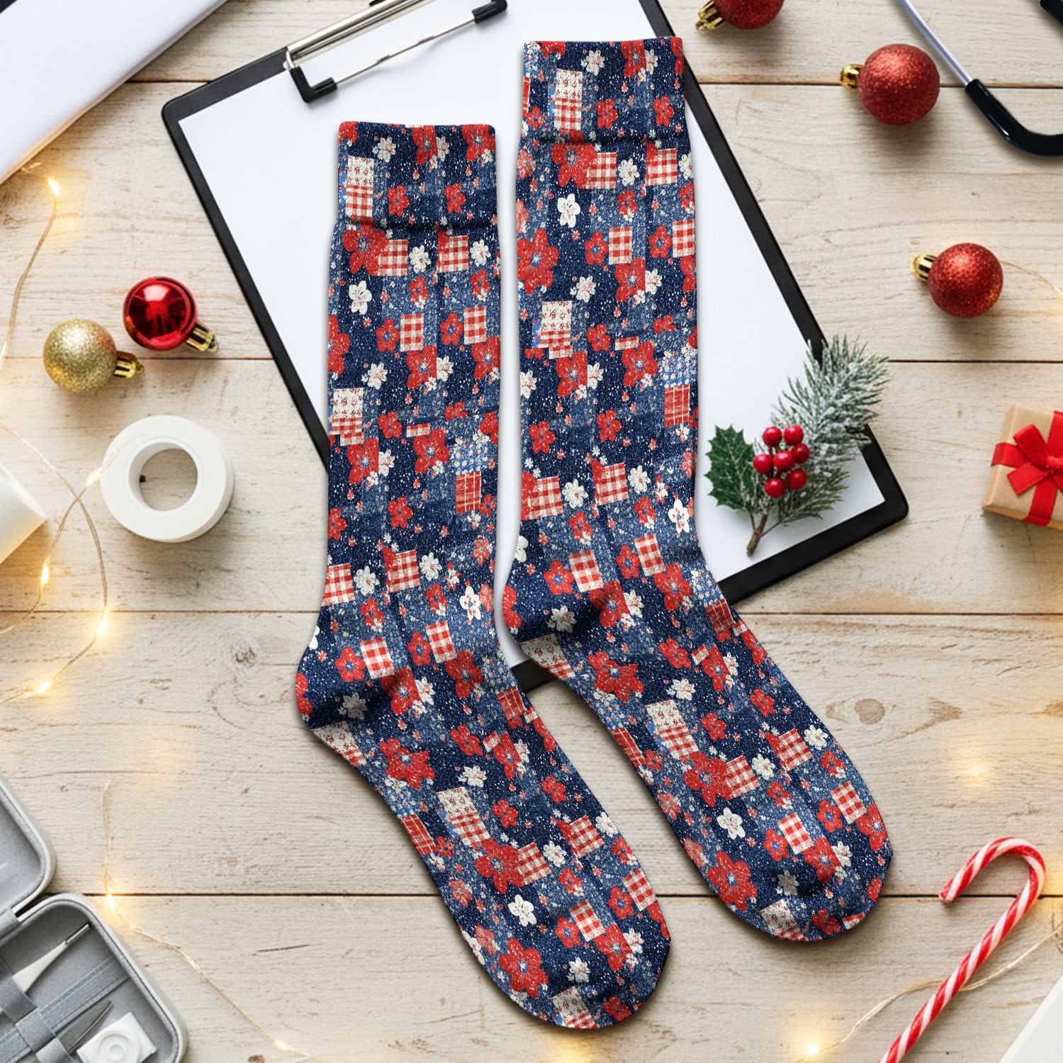 Patriotic Gingham Floral Patchwork Pattern Socks, Adult Socks for Men and Women