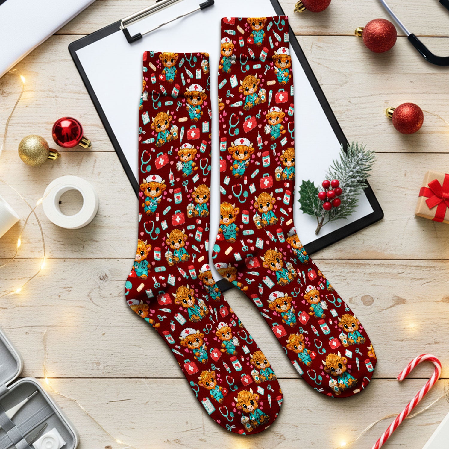 Cute Highland Cow Nurse Scrub Socks, Kawaii Medical Pattern Sock, Breathable Fabrics Nursing Uniform
