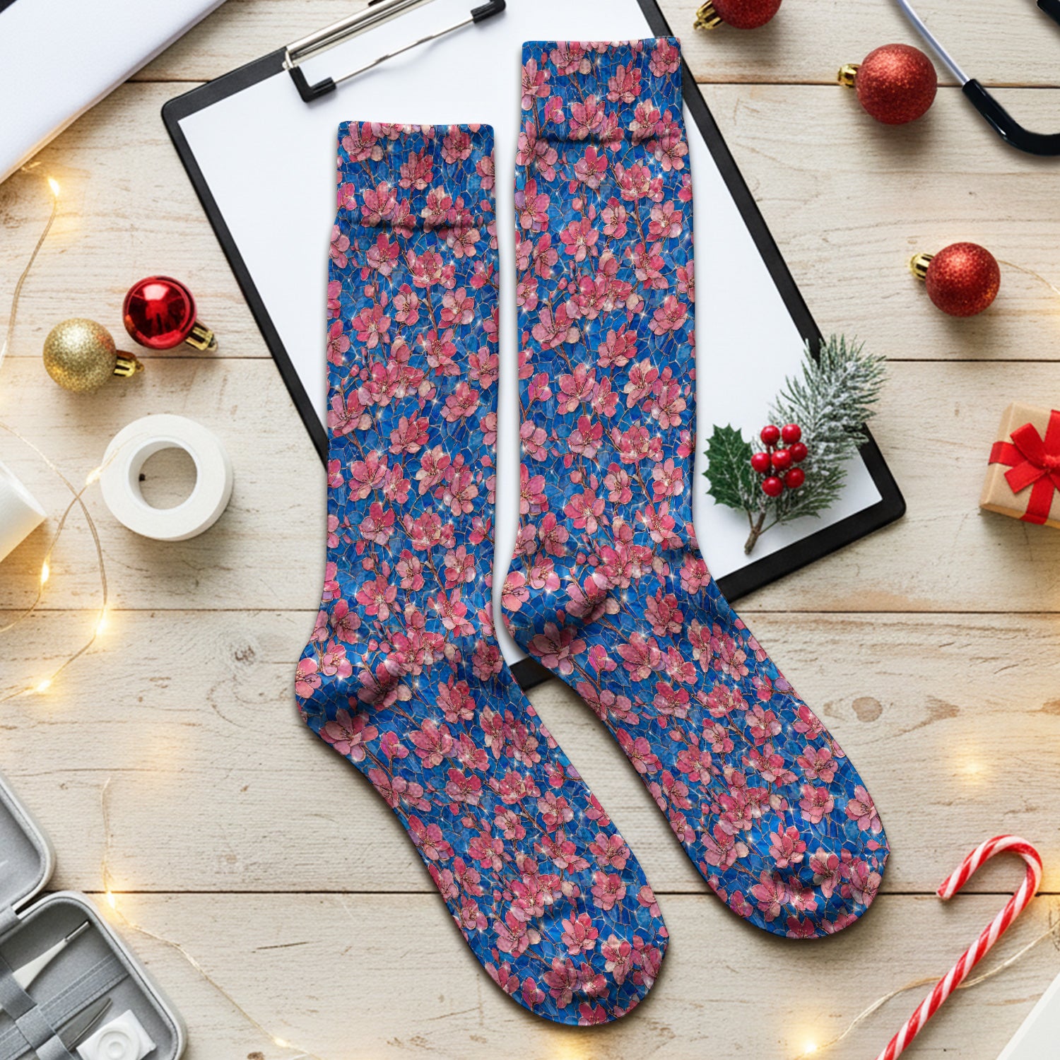 Pink Cherry Blossom Floral Pattern Print Socks, Adult Socks for Men and Women