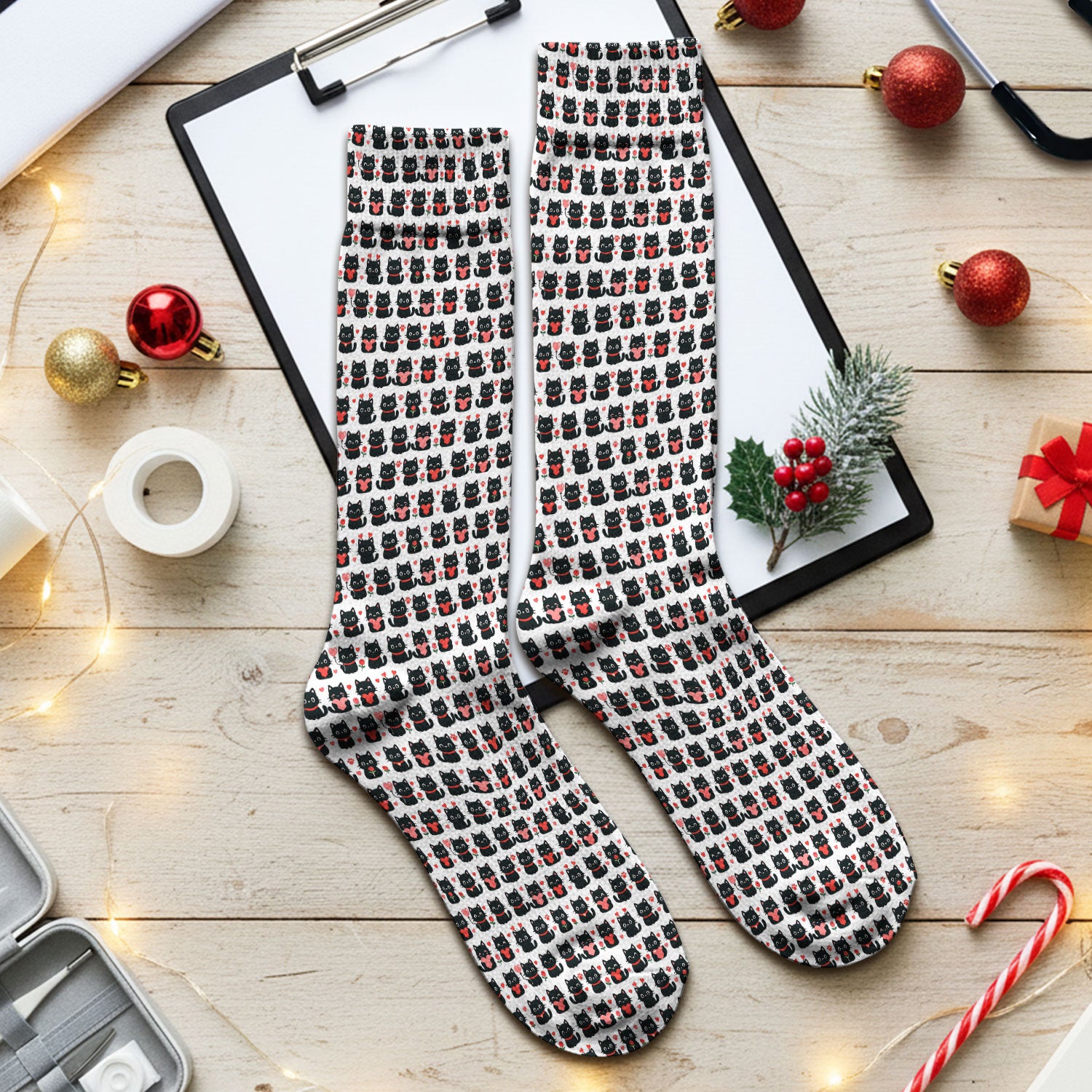 Black Cat Valentine Nurse Scrub Socks, Cute Heart Pattern Medical Sock, Breathable Fabrics Nursing Uniform