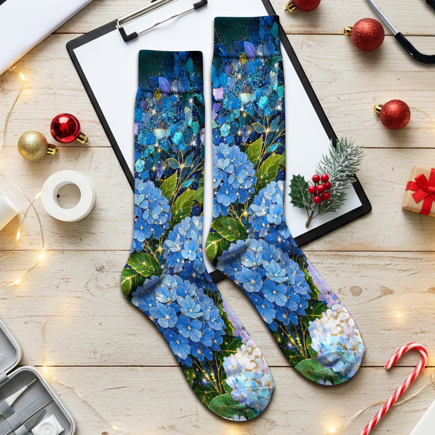 Blue Hydrangea Floral Pattern Socks, Adult Socks for Men and Women