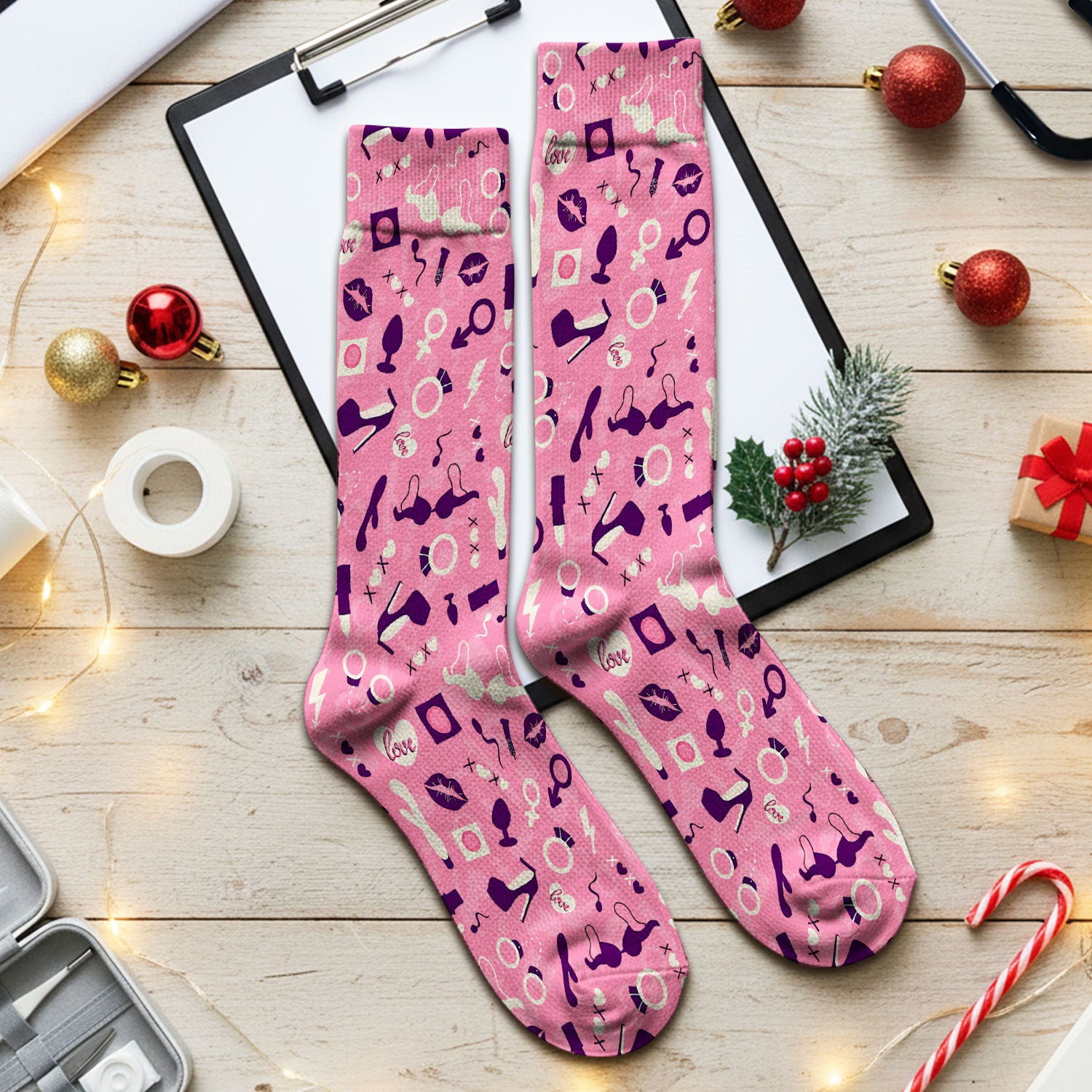 Valentine Pattern Nurse Scrub Socks, Pink Love Nurse Sock, Breathable Fabrics Nursing Uniform