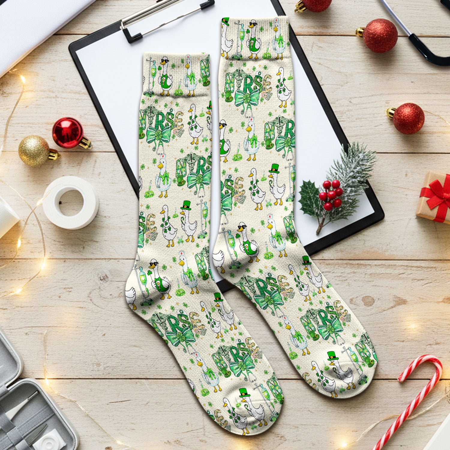 Funny Goose Nurse Shamrock Scrub Socks, St. Patrick’s Day Nurse Pattern Sock, Breathable Fabrics Nursing Uniform