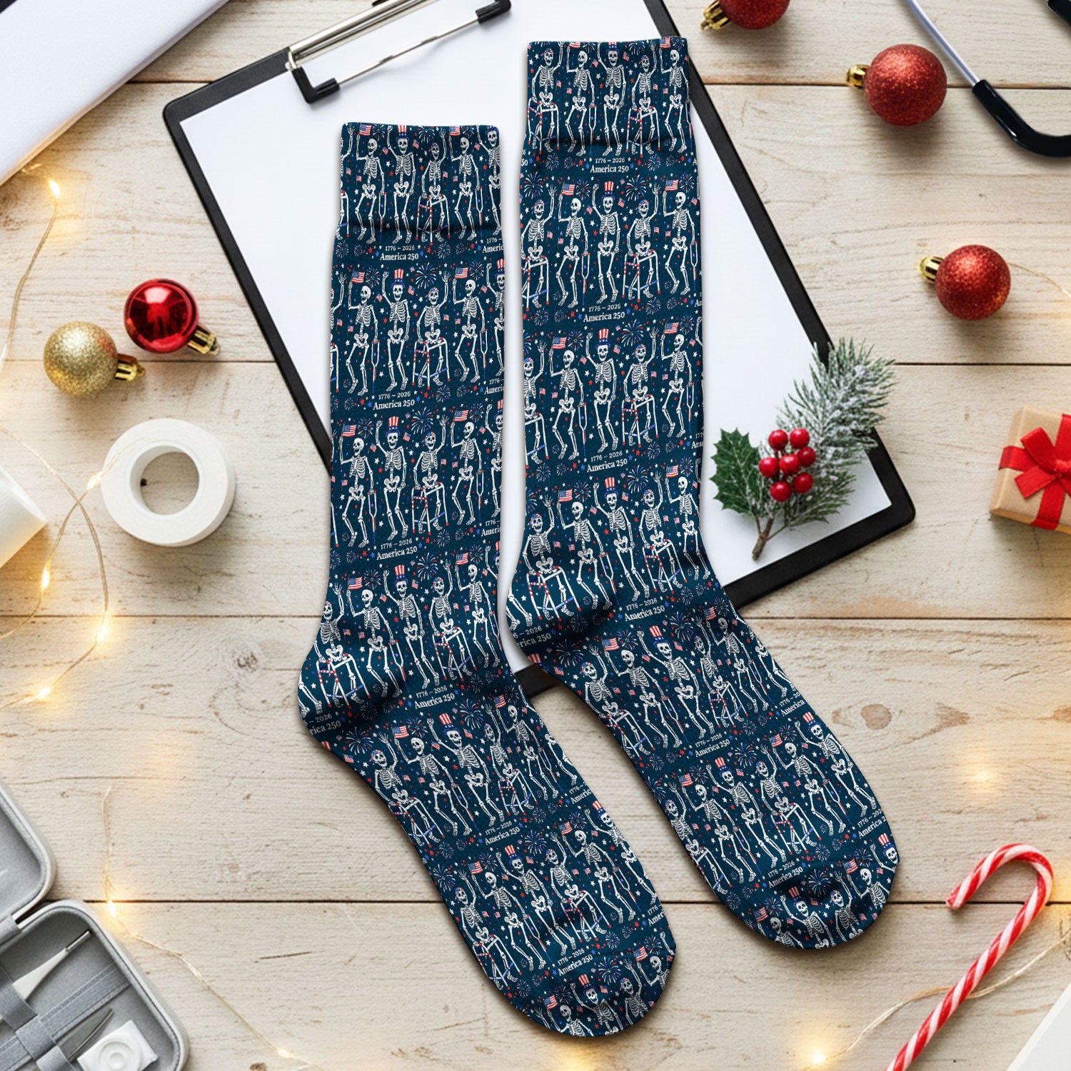Festive Patriotic Skeleton America 250 Pattern Socks, Socks for Nurse Doctor