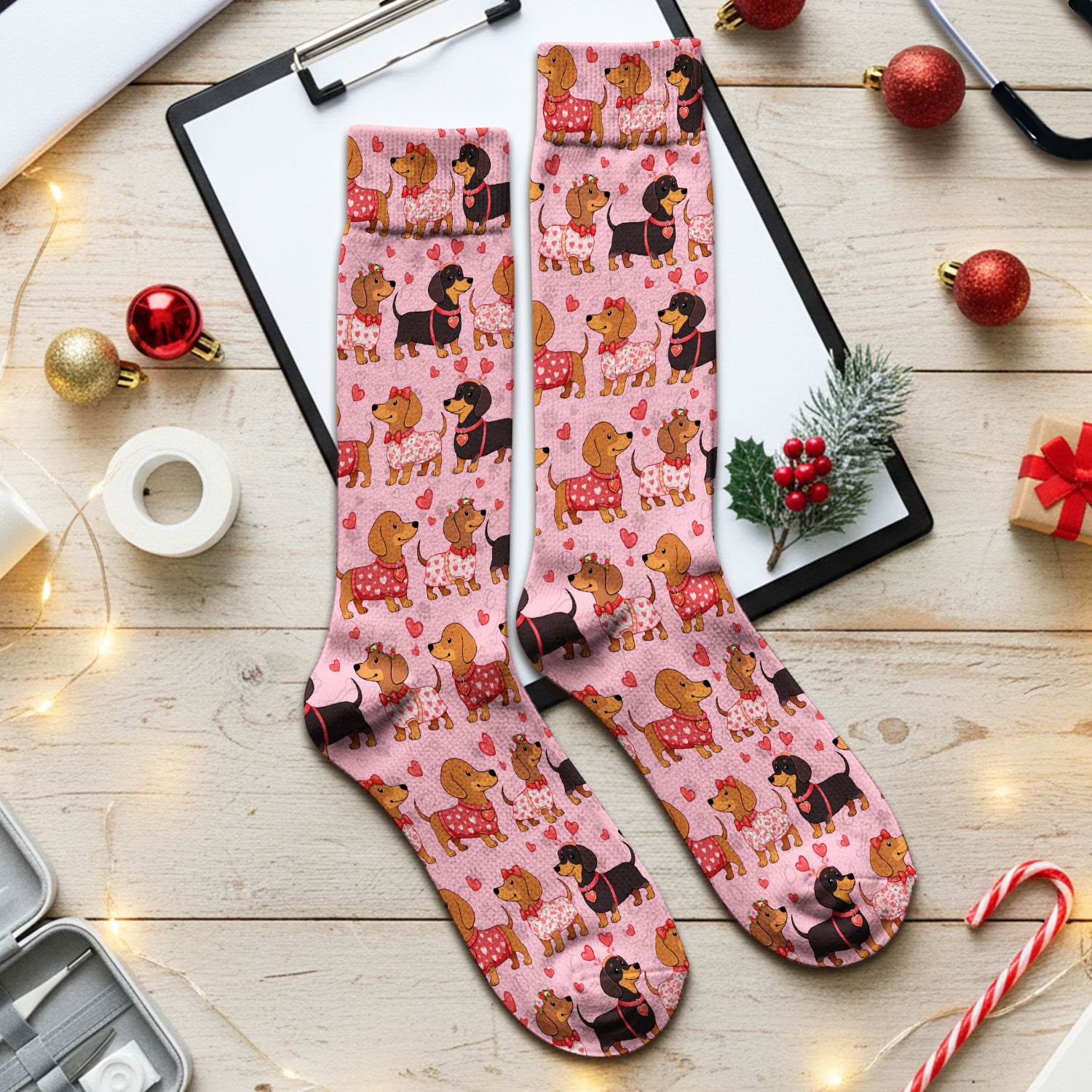 Valentine Dachshund Scrub Socks, Wiener Dog Love Pattern Nurse Sock, Breathable Fabrics Nursing Uniform