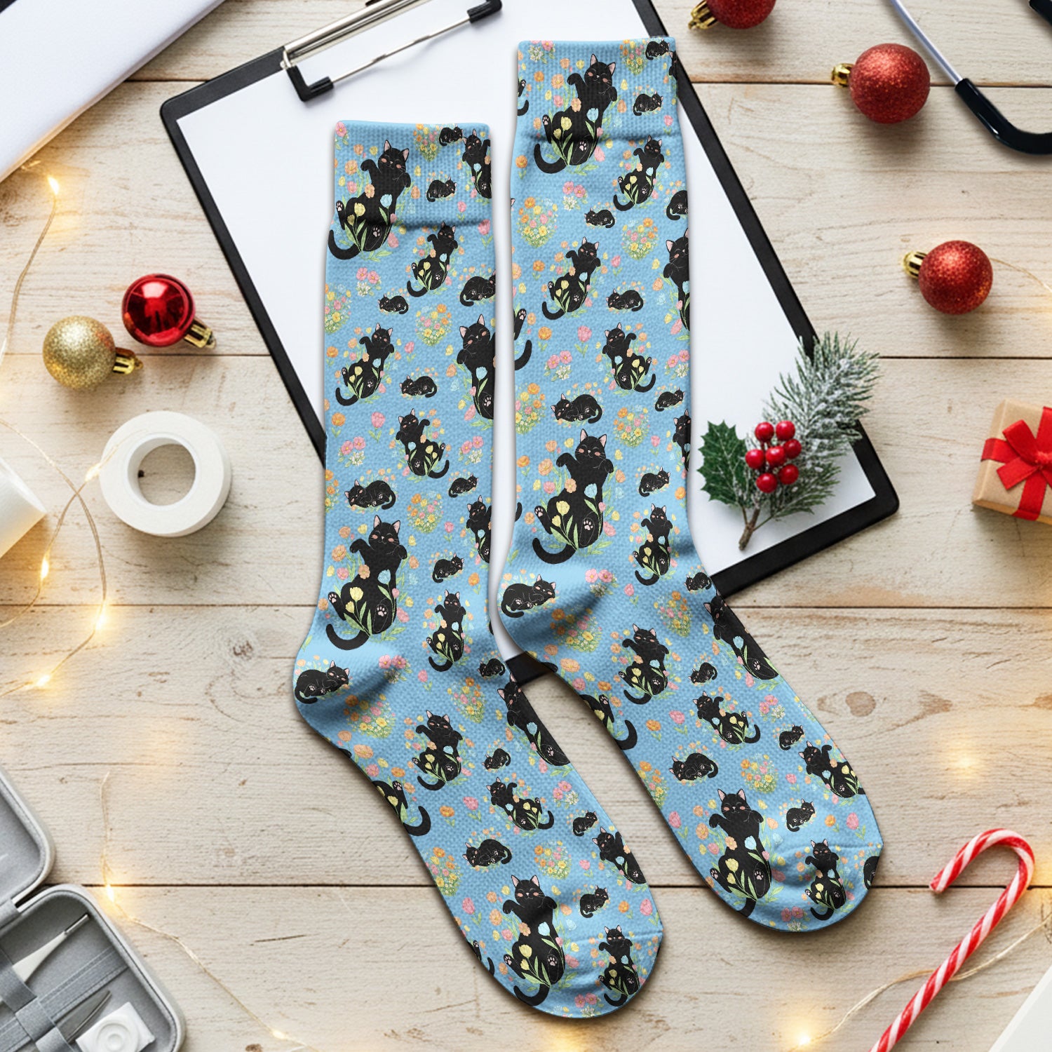 Cats With Cute Poses Floral Pattern Socks, Adult Socks for Men and Women