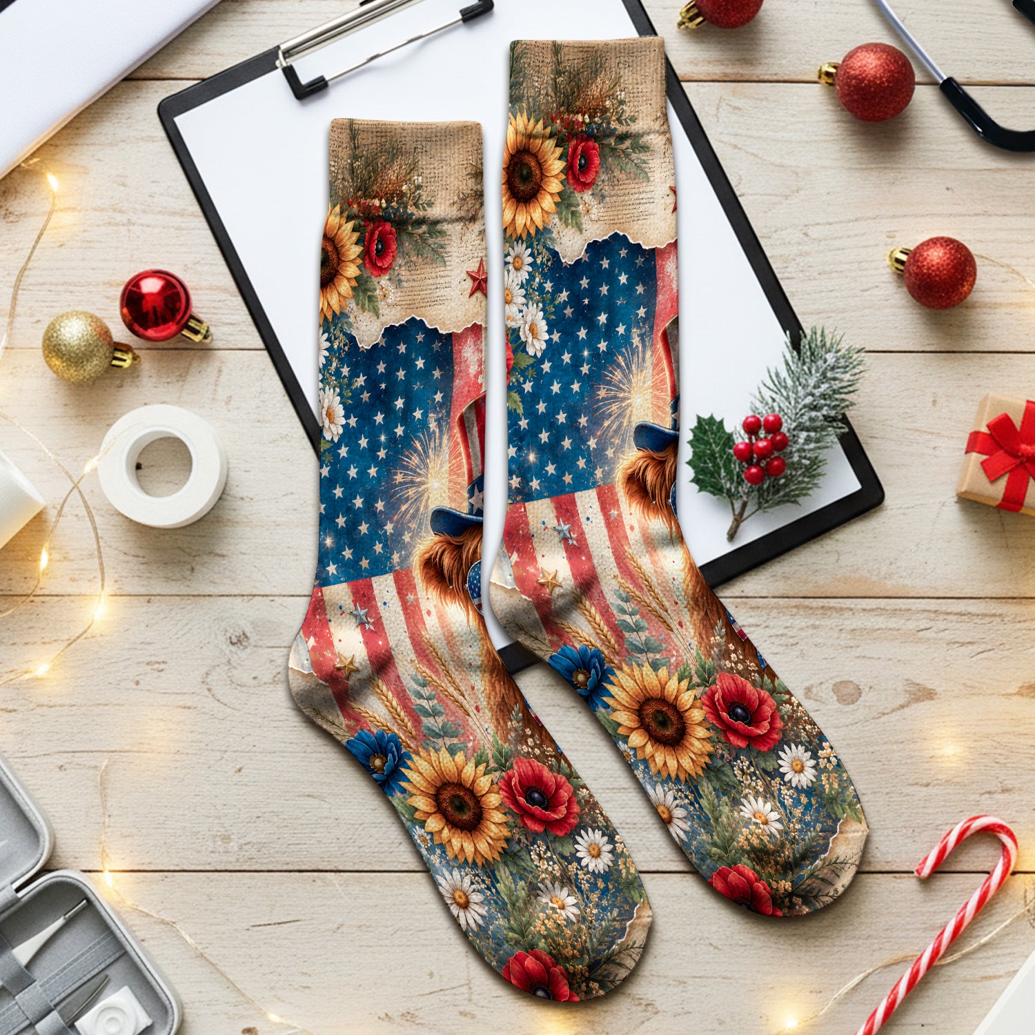 Patriotic Highland Cow Nurse for RN, CNA, Healthcare Workers Socks, Adult Socks for Men and Women