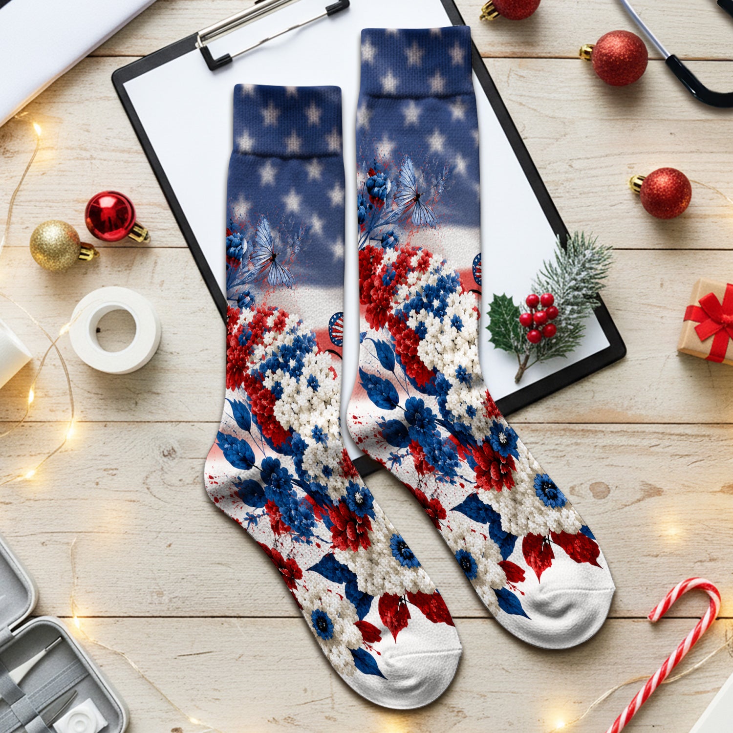 Patriotic Butterfly with Floral Print Socks, Adult Socks for Men and Women