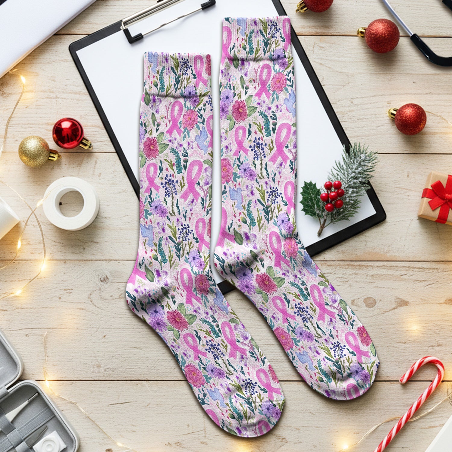 Floral Pink Ribbon Print Socks, Adult Socks for Men and Women