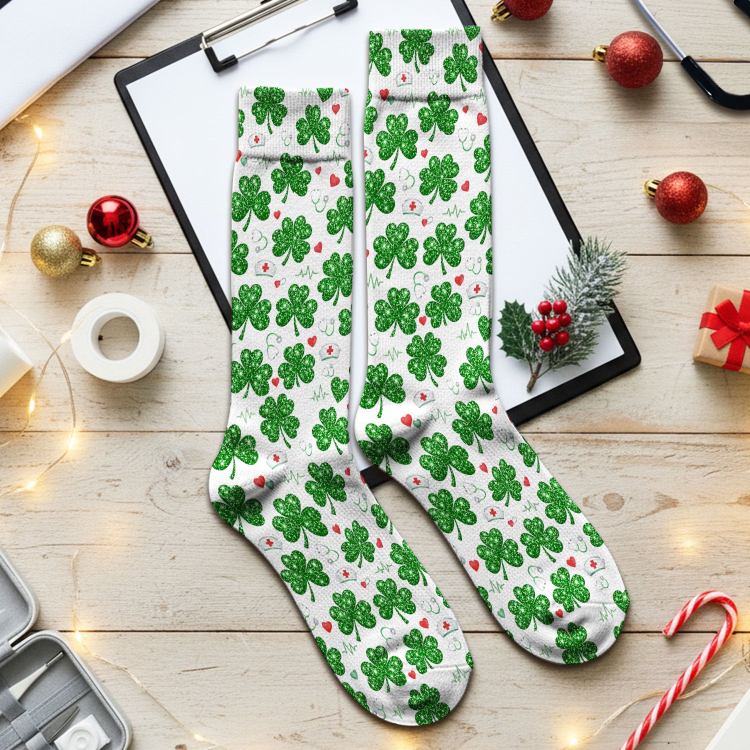 St. Patrick’s Day Nurse Scrub Socks, Green Clover Medical Pattern Sock, Breathable Fabrics Nursing Uniform