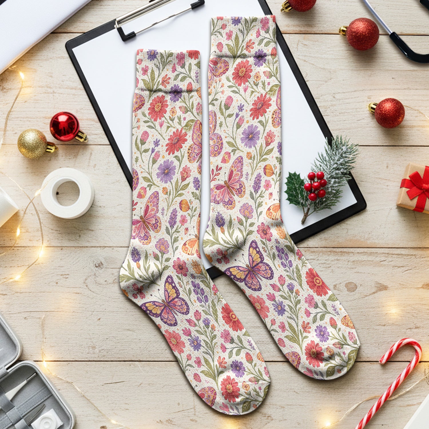 Floral Butterfly Pediatric Nurse Pattern Socks, Adult Socks for Men and Women