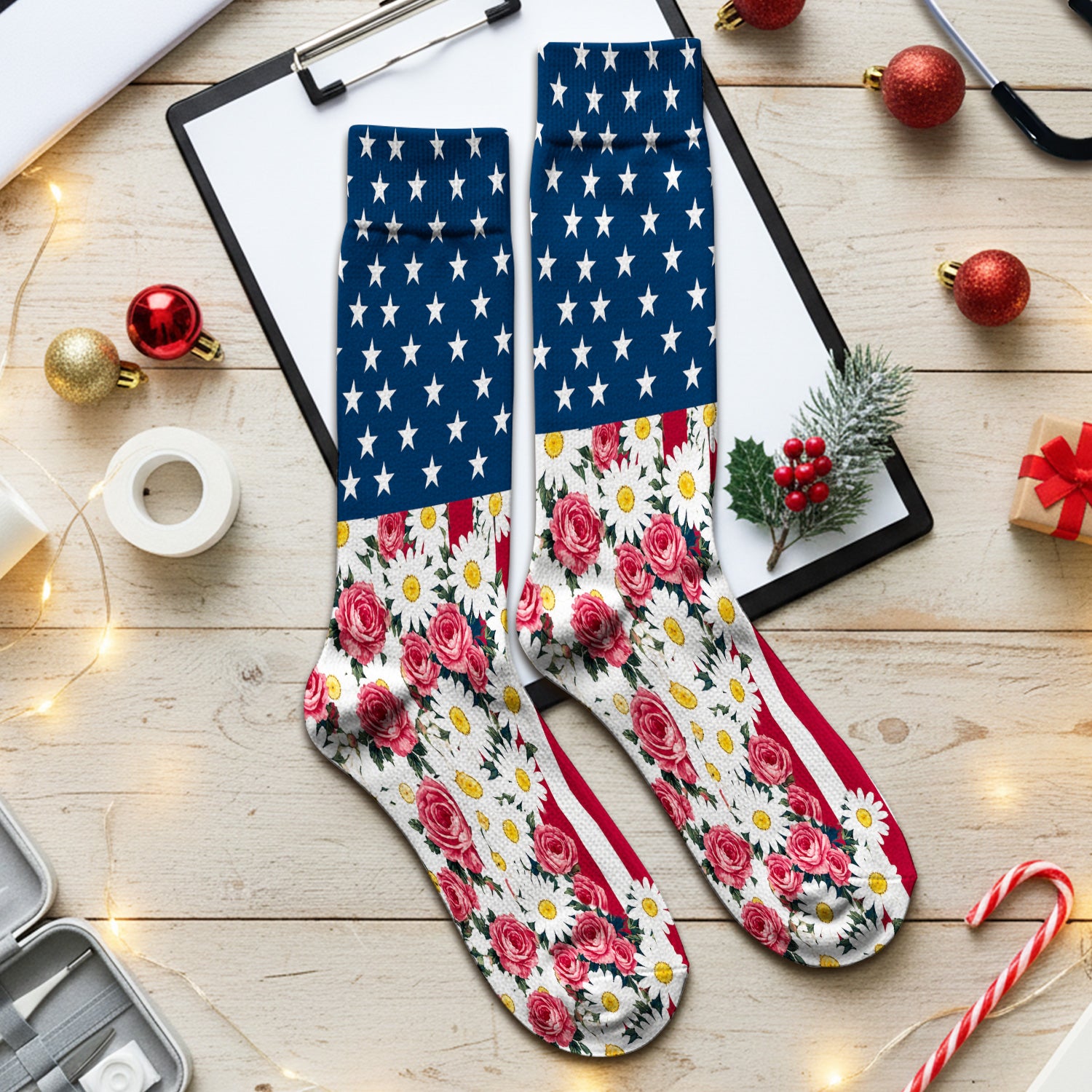 Floral American Flag Nurse Scrub Top for RN, CNA, Healthcare Workers, Patriotic Uniform Socks, Adult Socks for Men and Women