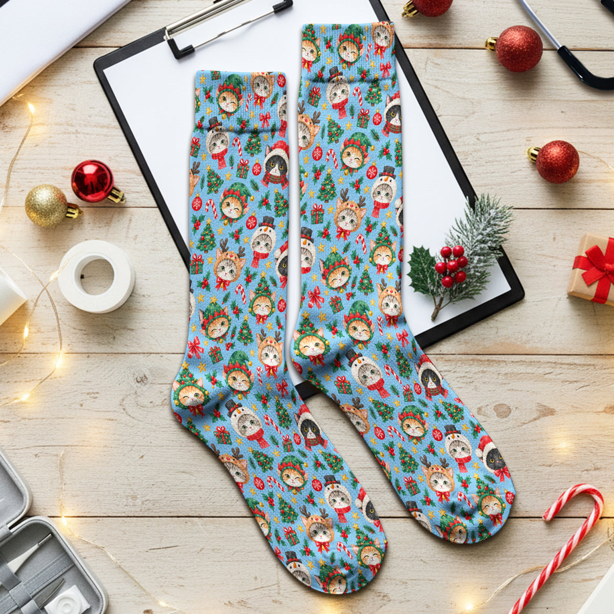 Christmas Cats And Trees Pattern Scrub Socks, Kawaii Medical Pattern Sock, Breathable Fabrics Nursing Uniform