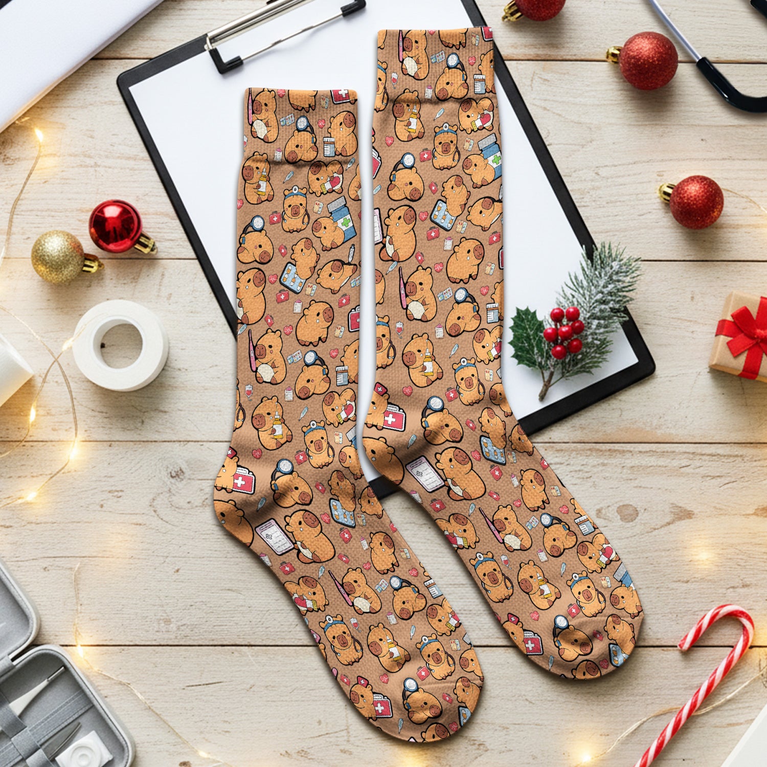 Capybara With Stethoscope And Medical Tools Seamless Socks, Breathable Fabrics Medical Uniform