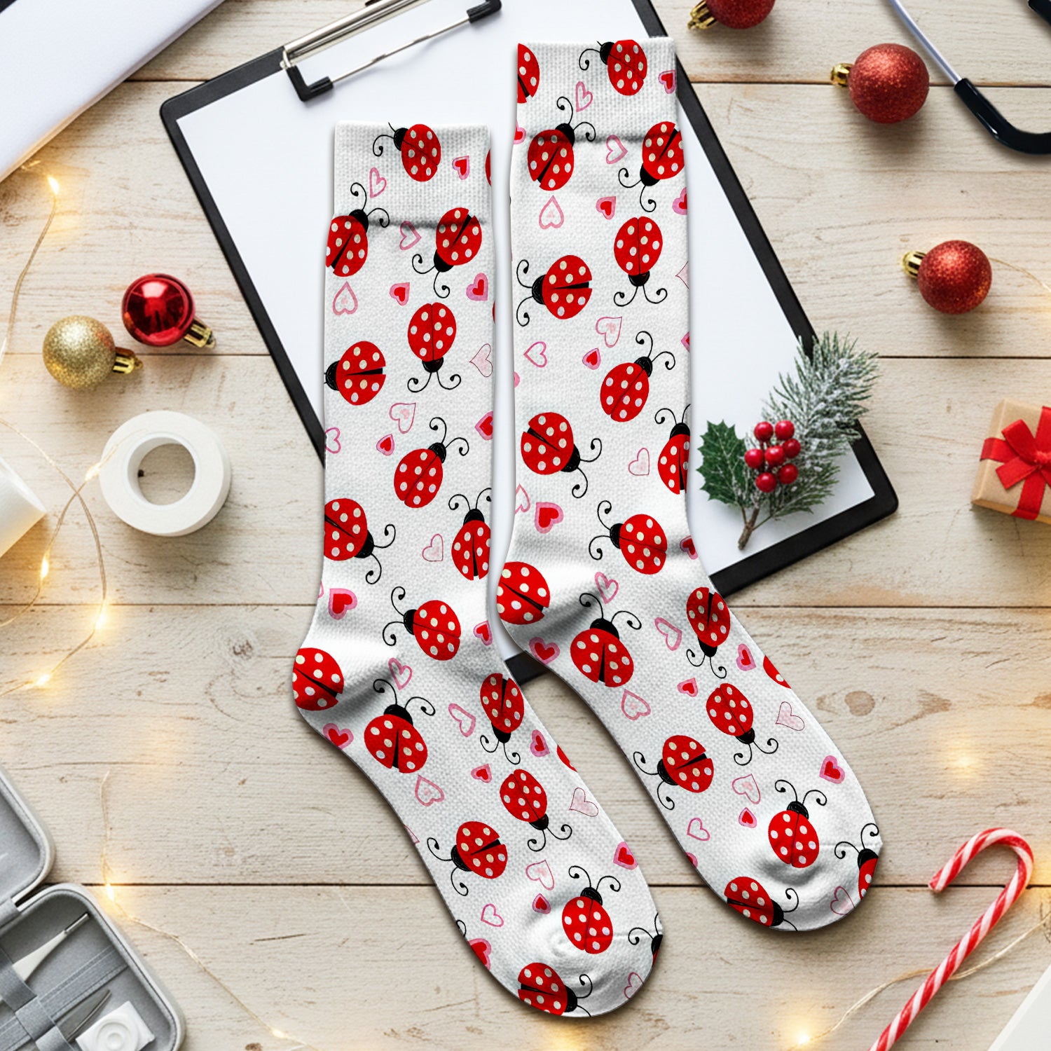 Cute Ladybug Heart Love Pattern Socks, Adult Socks for Men and Women