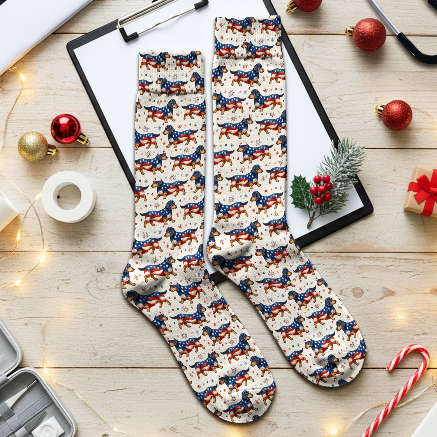Patriotic Dachshund Dog American Flag Pattern Nurse Socks, Adult Socks for Men and Women