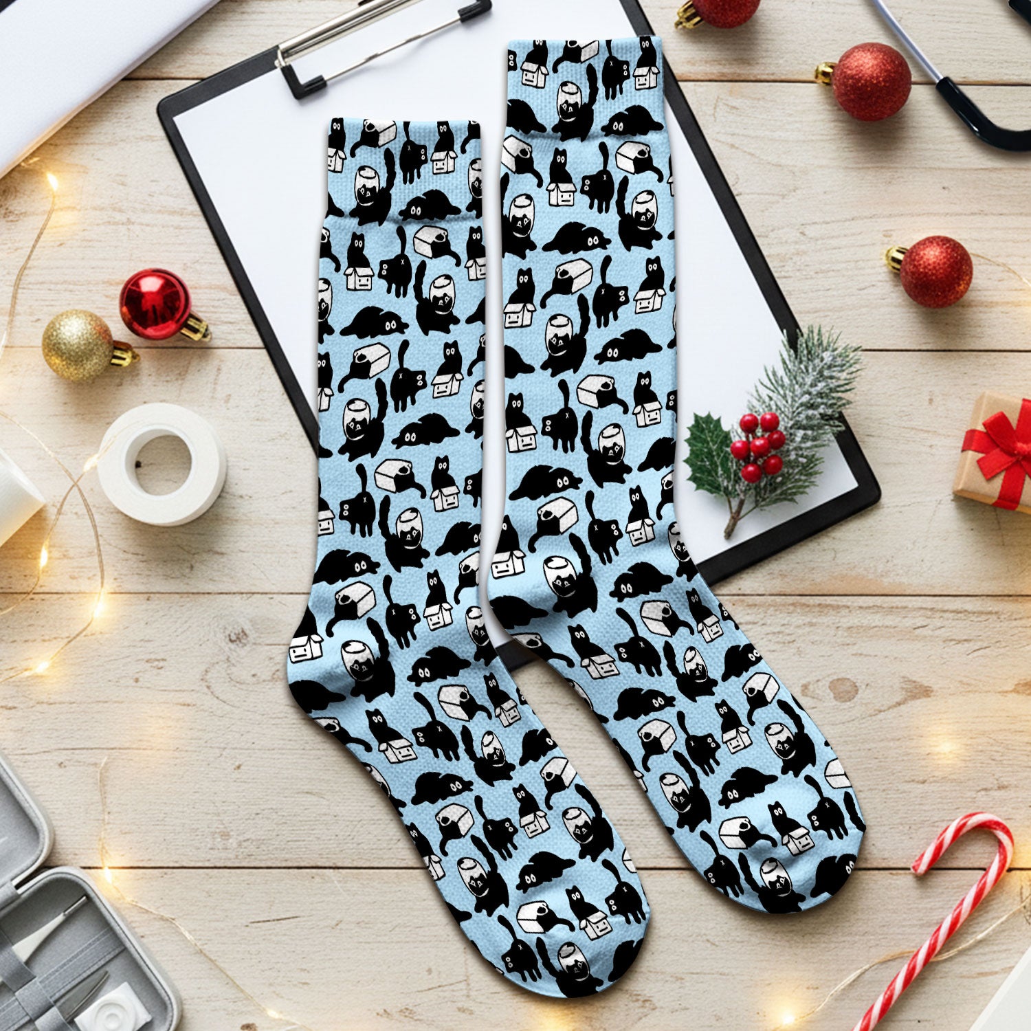 Dark Playful Cat Cartoon Pattern Medical Socks, Socks for Nurse Doctor