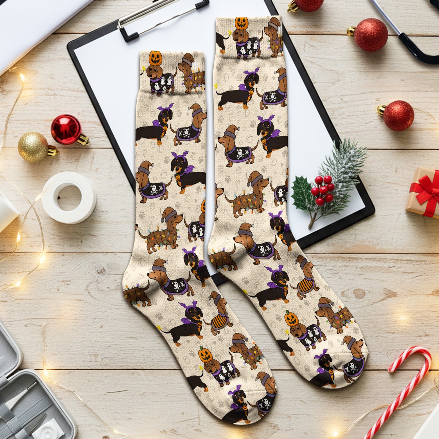 Halloween Dachshund with Pumpkin Ghost Print Socks, Adult Socks for Men and Women