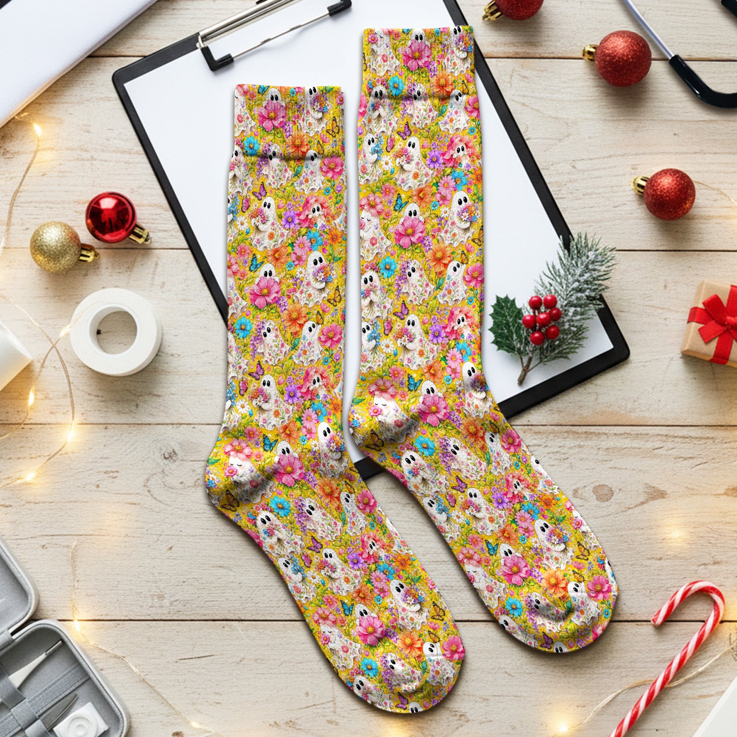 Cute Floral Ghosts And Butterflies Socks, Adult Socks for Men and Women