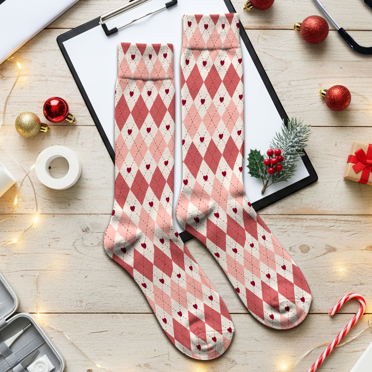 Red Argyle Plaid Pattern Socks, Adult Socks for Men and Women