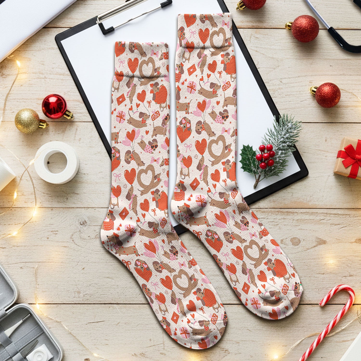 Cute Dachshund Valentine Medical Pattern Socks, Breathable Fabrics Medical Uniform